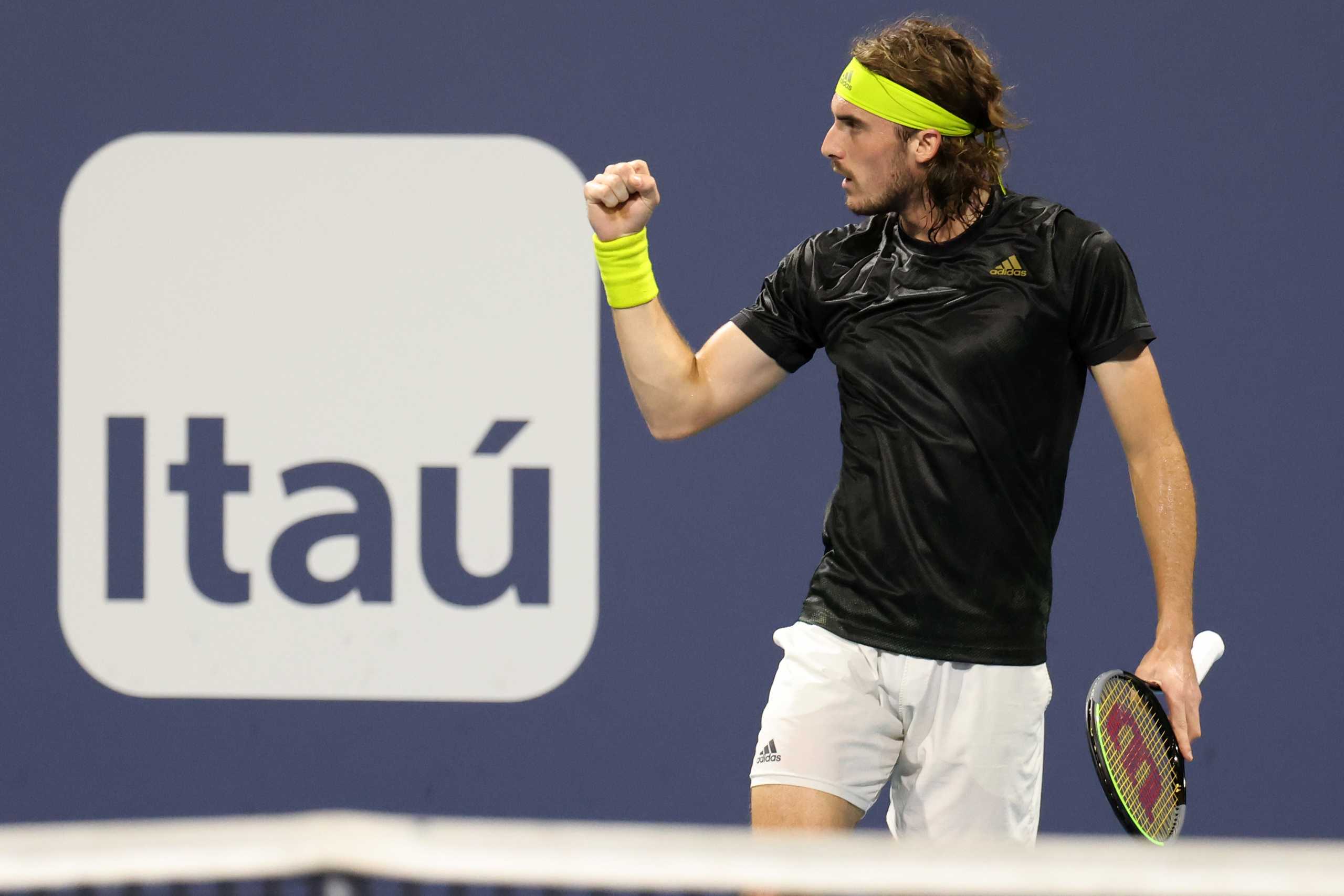 Mar 30, 2021; Miami, Florida, USA; Stefanos Tsitsipas of Greece reacts after winning the first set against Lorenzo Sonego of Italy (not pictured) in the fourth round in the Miami Open at Hard Rock Stadium. Mandatory Credit: Geoff Burke-USA TODAY Sports