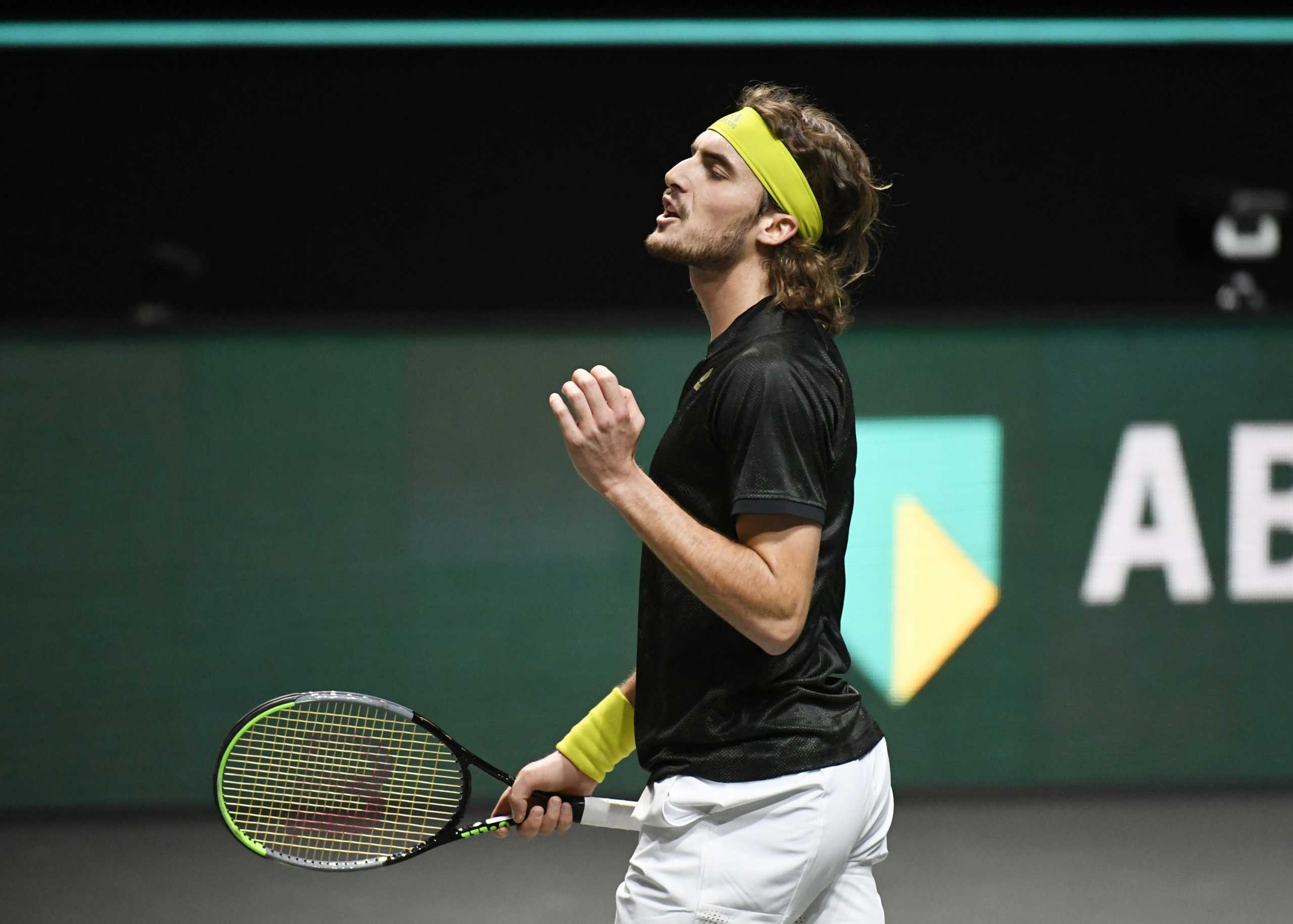 Tennis - ATP 500 - Rotterdam Open - Rotterdam Ahoy, Rotterdam, Netherlands, March 6, 2021 Greece's Stefanos Tsitsipas reacts during his semi-final match against Russia's Andrey Rublev REUTERS