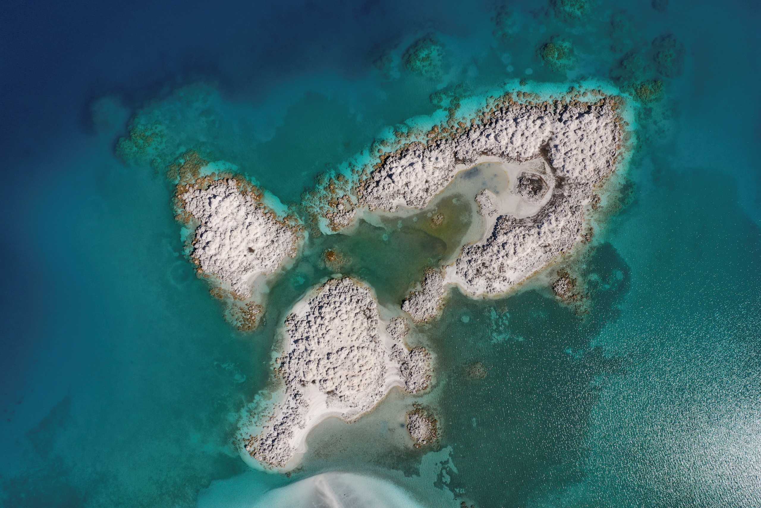 A general view of an exposed island of old microbialites at Salda Lake in Burdur province, Turkey, March 1, 2021. The official Twitter account of NASA Earth mentioned lake Salda in their tweet a day before NASA rover Perseverance touched down on Mars. Picture taken with a drone on March 1, 2021. REUTERS