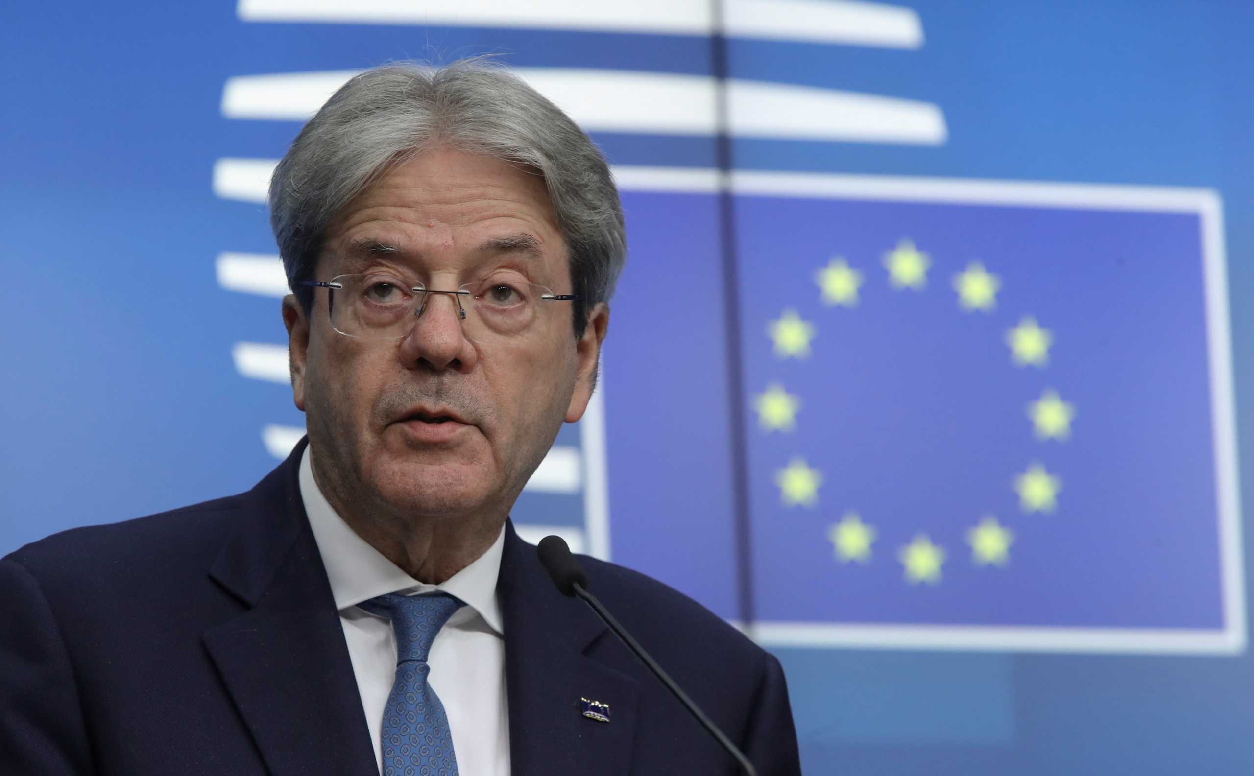 European Commissioner for Economy Paolo Gentiloni speaks during a news conference following the Eurozone finance ministers video meeting in Brussels, Belgium March 15, 2021. Olivier Hoslet