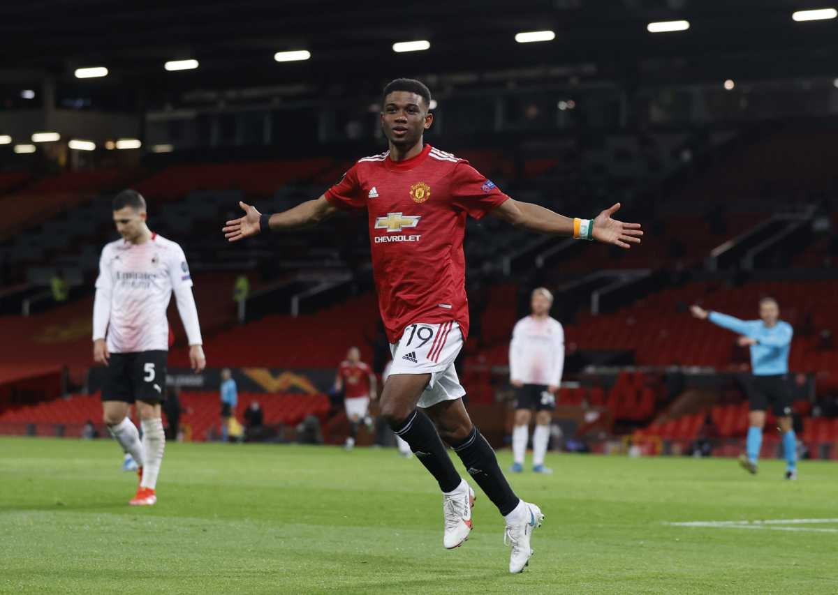 Soccer Football - Europa League - Round of 16 First Leg - Manchester United v AC Milan - Old Trafford, Manchester, Britain - March 11, 2021 Manchester United's Amad Diallo celebrates scoring their first goal REUTERS