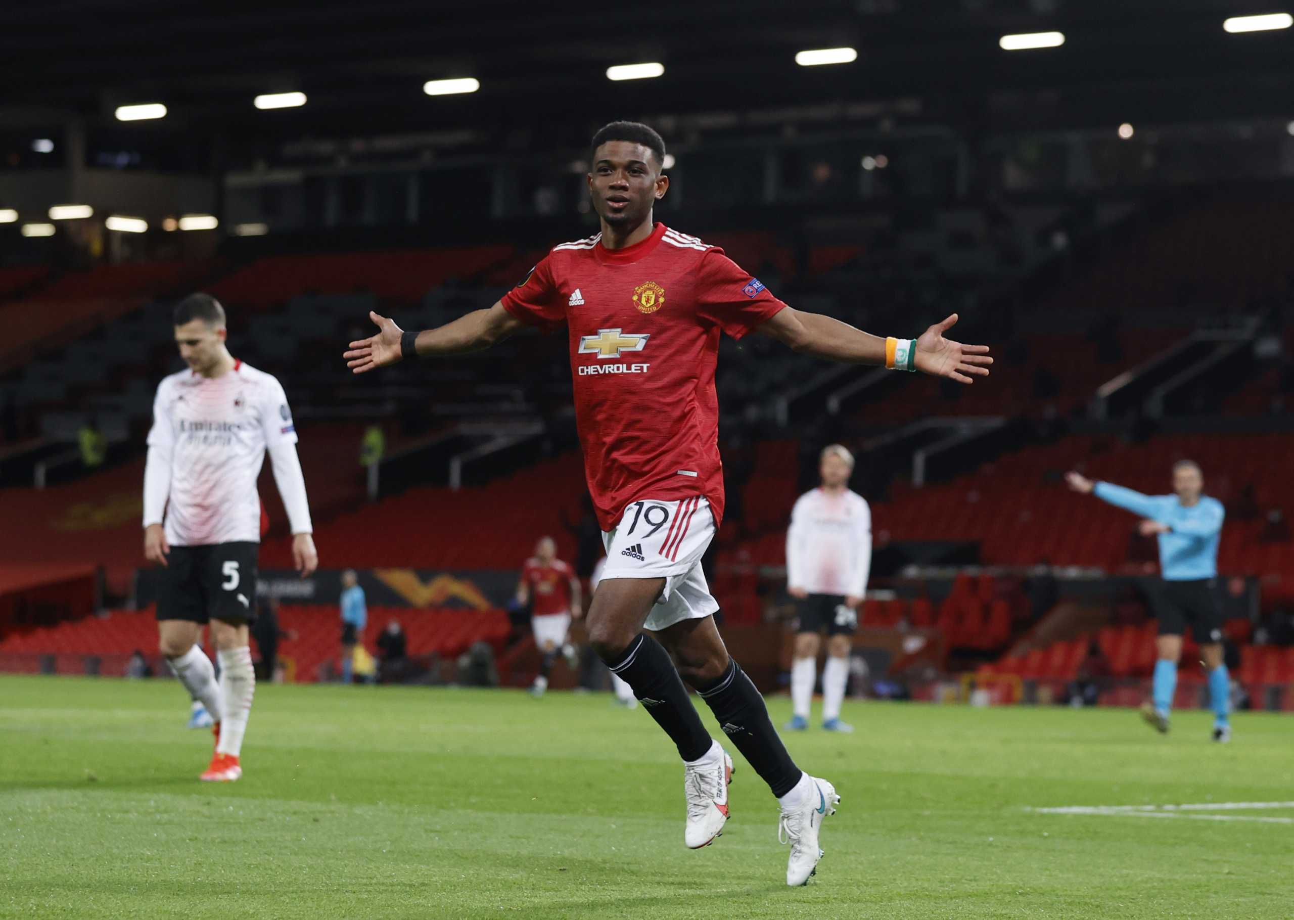 Soccer Football - Europa League - Round of 16 First Leg - Manchester United v AC Milan - Old Trafford, Manchester, Britain - March 11, 2021 Manchester United's Amad Diallo celebrates scoring their first goal REUTERS