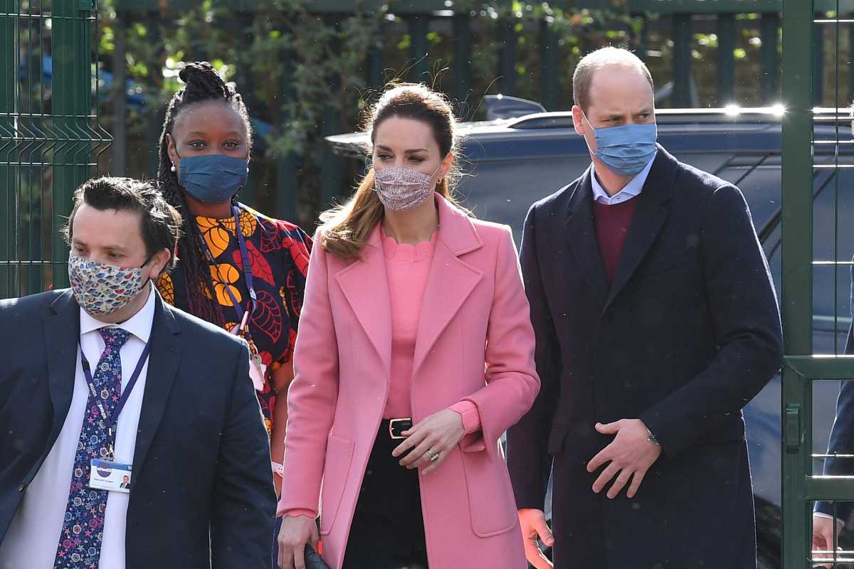 Britain's Prince William and Catherine, Duchess of Cambridge arrive for a visit to School 21 following its re-opening after the easing of coronavirus disease (COVID-19) lockdown restrictions in east London, Britain March 11, 2021. Justin Tallis