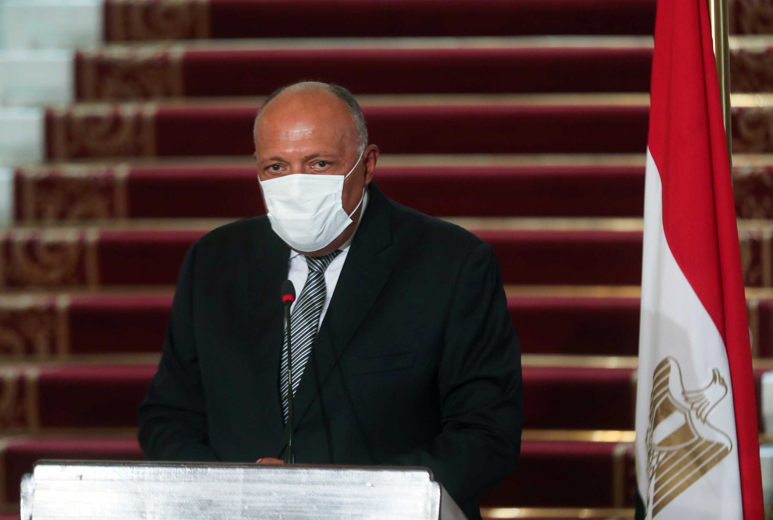 FILE PHOTO: Egyptian Foreign Minister Sameh Shoukry attends a news conference after the meeting with Saudi Foreign Minister Prince Faisal bin Farhan al-Saud at Tahrir Palace in Cairo, Egypt July 27, 2020. REUTERS