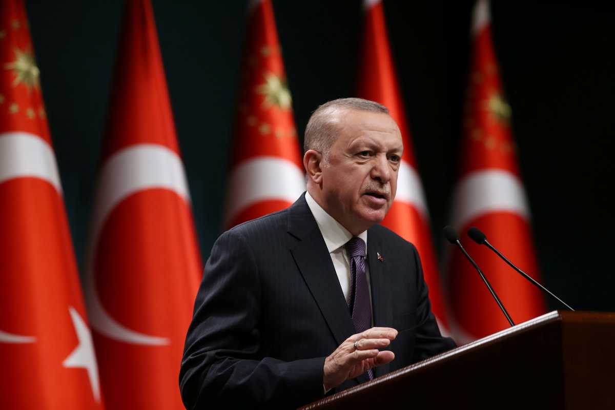 Turkish President Tayyip Erdogan talks to media following a cabinet meeting in Ankara, Turkey, April 26, 2021. Presidential Press Office