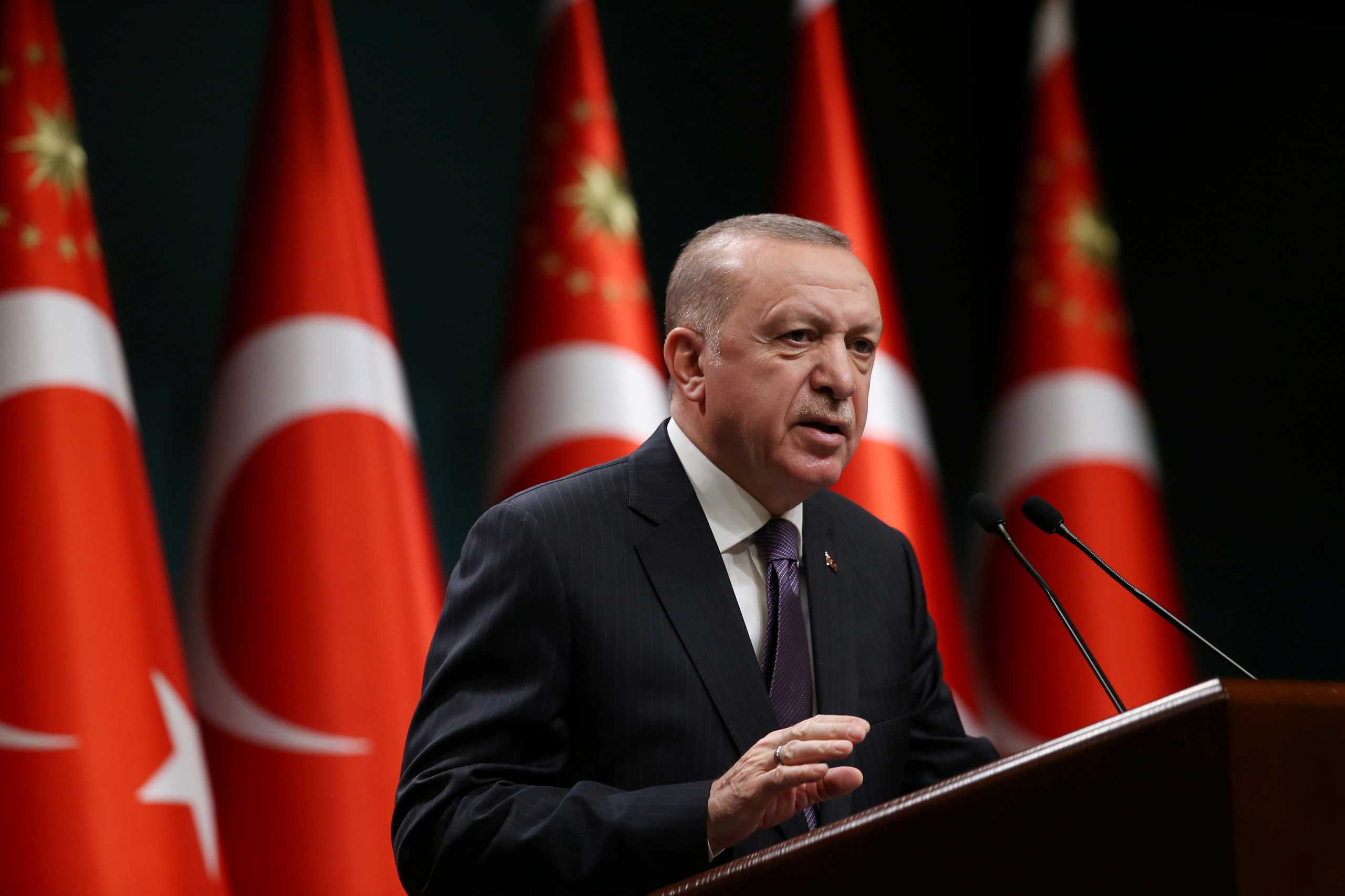 Turkish President Tayyip Erdogan talks to media following a cabinet meeting in Ankara, Turkey, April 26, 2021. Presidential Press Office