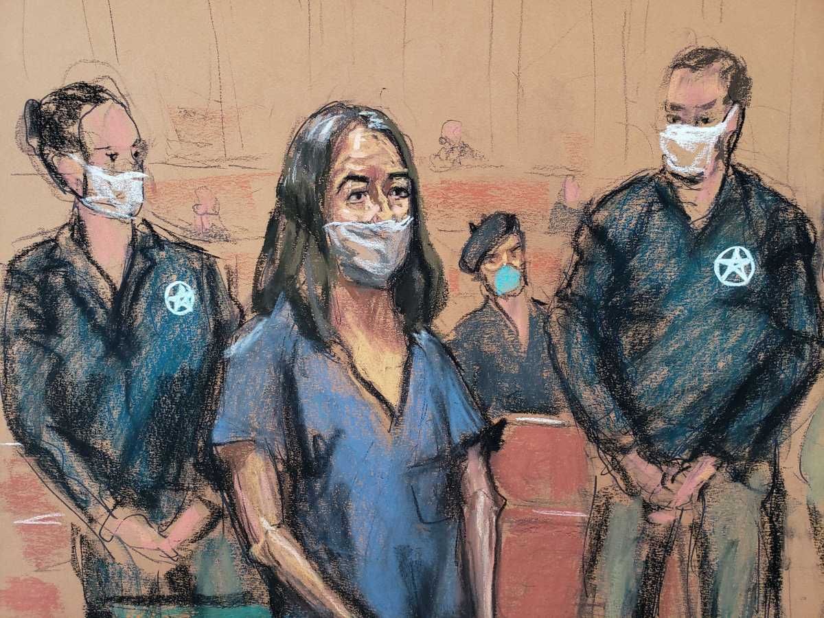 British socialite Ghislaine Maxwell appears during her arraignment hearing on a new indictment at Manhattan Federal Court in New York City, New York, U.S. April 23, 2021, in this courtroom sketch. REUTERS