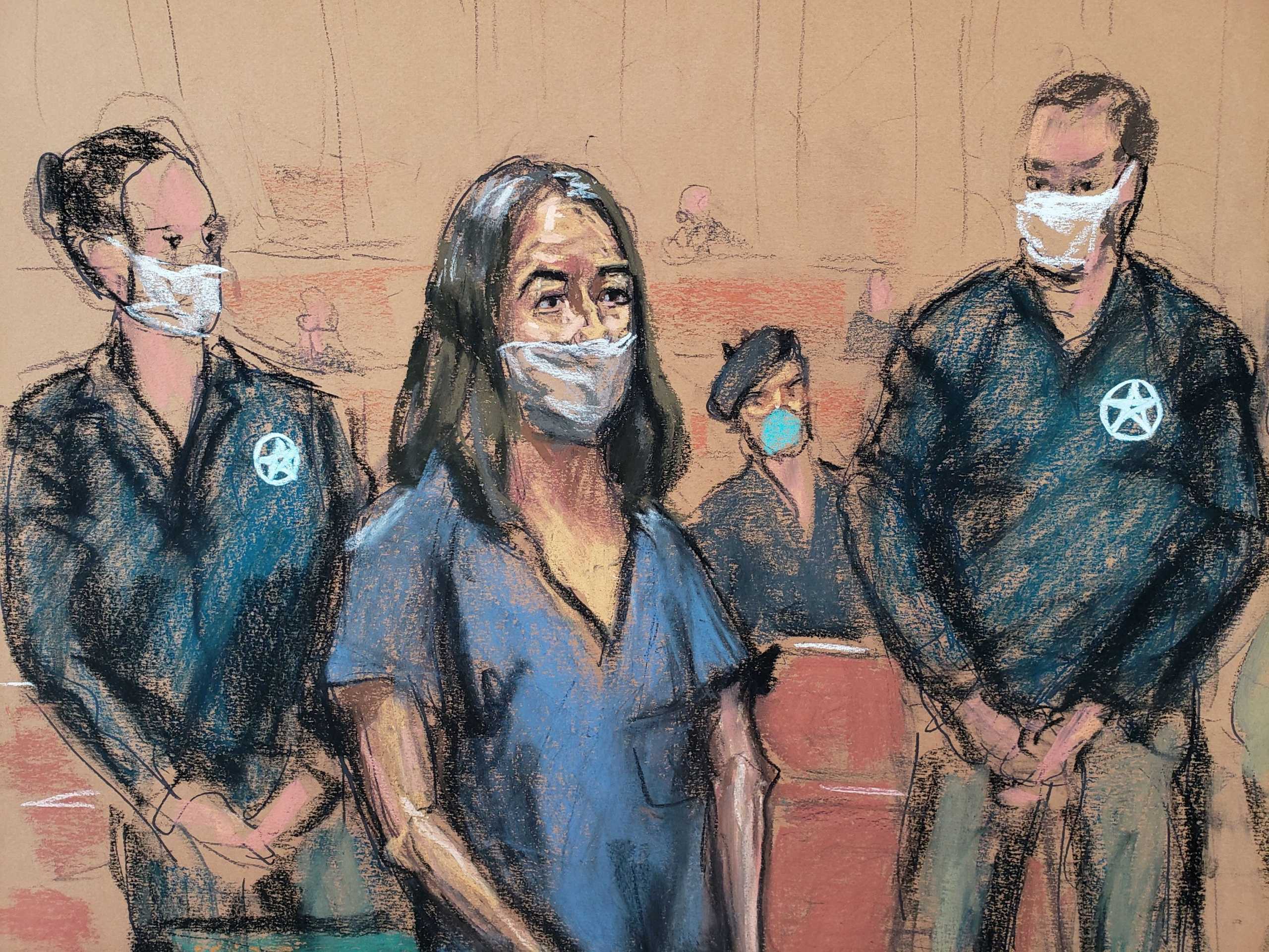 British socialite Ghislaine Maxwell appears during her arraignment hearing on a new indictment at Manhattan Federal Court in New York City, New York, U.S. April 23, 2021, in this courtroom sketch. REUTERS