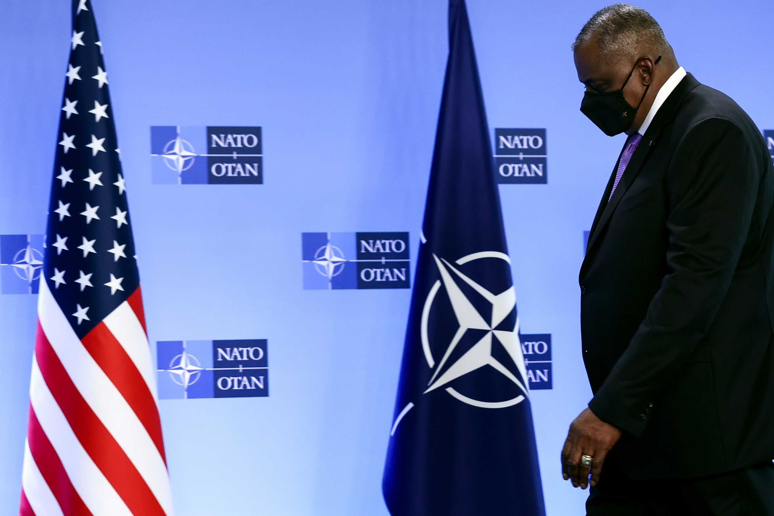 U.S. Defence Secretary Lloyd Austin arrives for a meeting of foreign ministers of the U.S., Britain, France and Germany on Afghanistan at NATO's headquarters in Brussels, Belgium, April 14, 2021. Kenzo Tribouillard