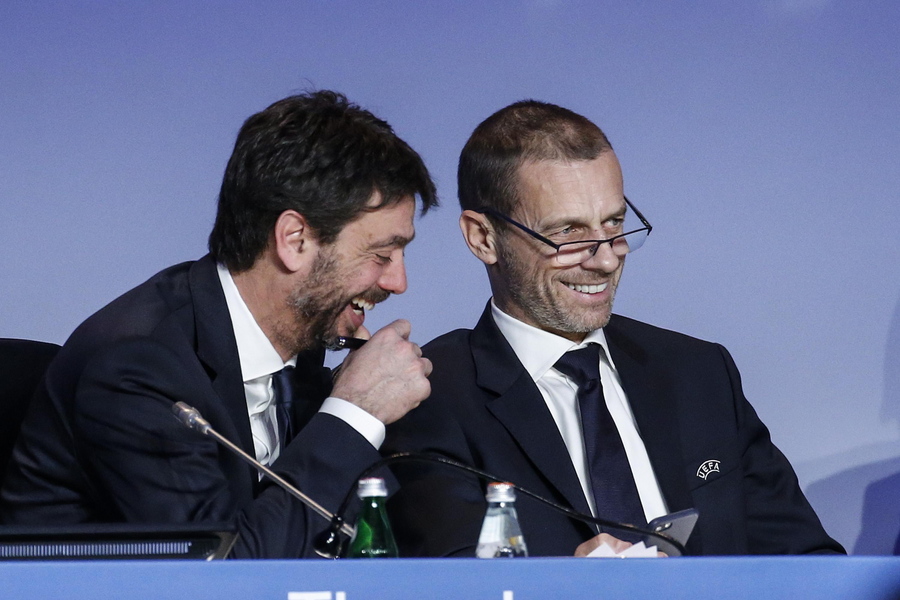 epa07350069 Member of the UEFA executive committee, representing European Club Association (ECA) Andrea Agnelli (L) speaks with UEFA president Aleksander Ceferin (R) during the 43rd UEFA Congress in Rome, Italy, 07 February 2019.  EPA