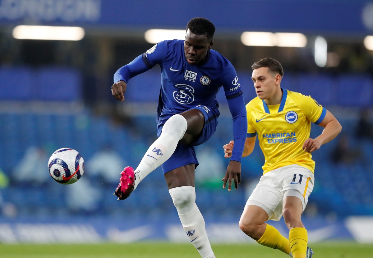 Soccer Football - Premier League - Chelsea v Brighton & Hove Albion - Stamford Bridge, London, Britain - April 20, 2021 Chelsea's Kurt Zouma in action with Brighton & Hove Albion's Leandro Trossard Pool via REUTERS