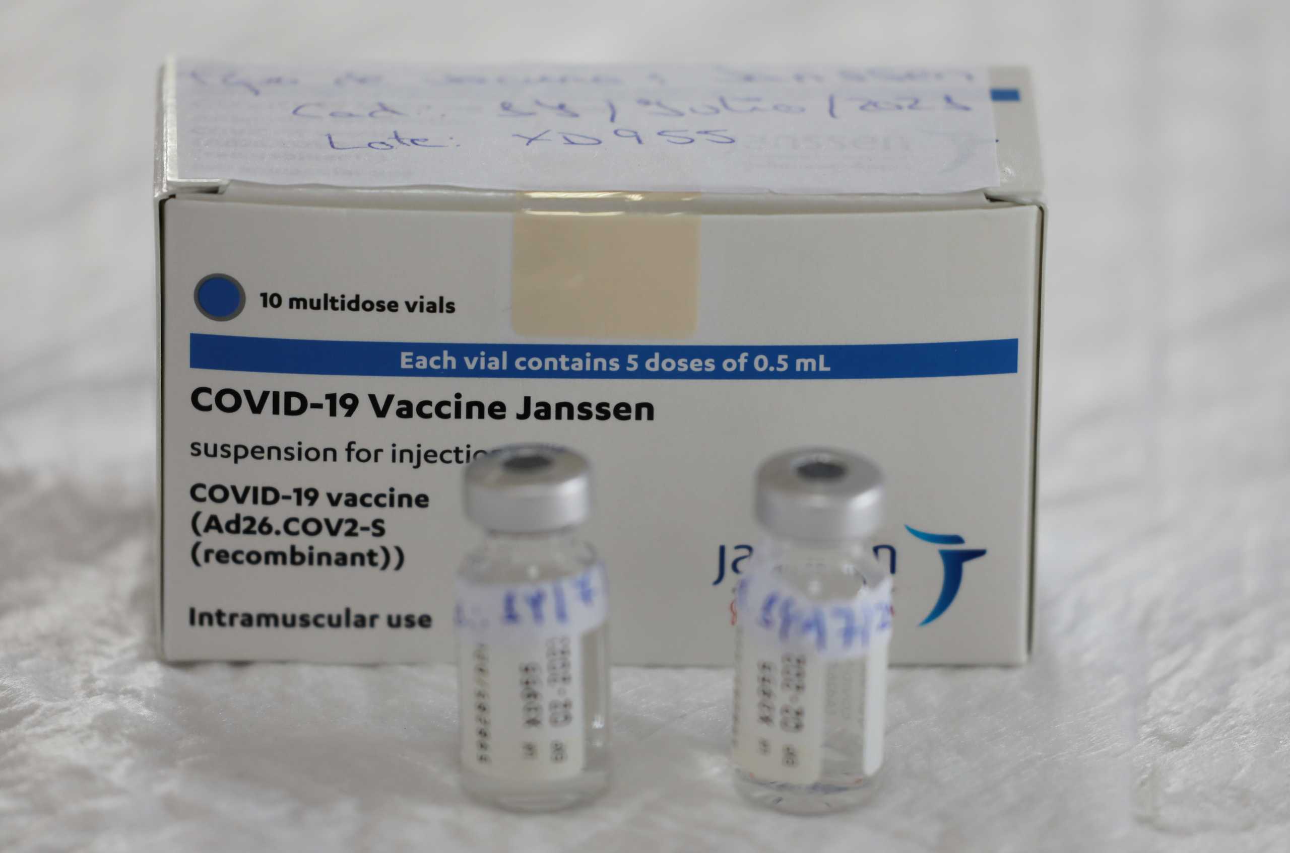 Empty vials of Johnson & Johnson's coronavirus disease (COVID-19) vaccine are seen on a table at a vaccination centre in Ronda, Spain, April 23, 2021. REUTERS