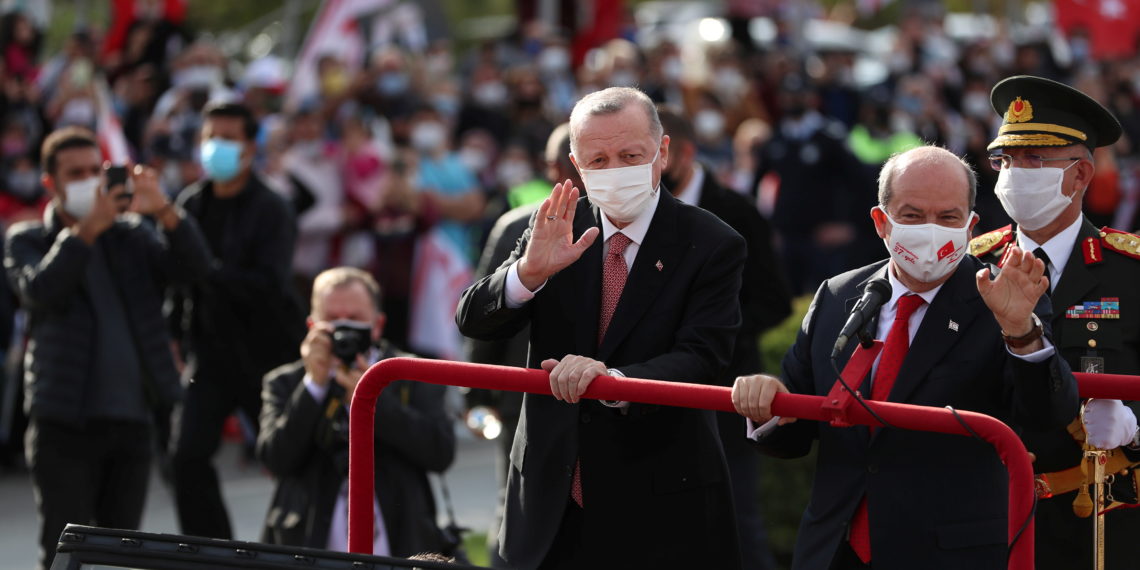 Turkish President Tayyip Erdogan and Turkish Cypriot leader Ersin Tatar attend a ceremony marking the 37th anniversary of the Declaration of Independence of the Turkish Republic of Northern Cyprus, a breakway state recognized only by Turkey, in northern Nicosia, Cyprus November 15, 2020. Mustafa Oztartan