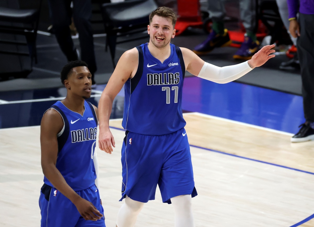 Apr 22, 2021; Dallas, Texas, USA; Dallas Mavericks guard Luka Doncic (77) laughs after scoring during the fourth quarter against the Los Angeles Lakers at American Airlines Center. Mandatory Credit: Kevin Jairaj-USA TODAY Sports
