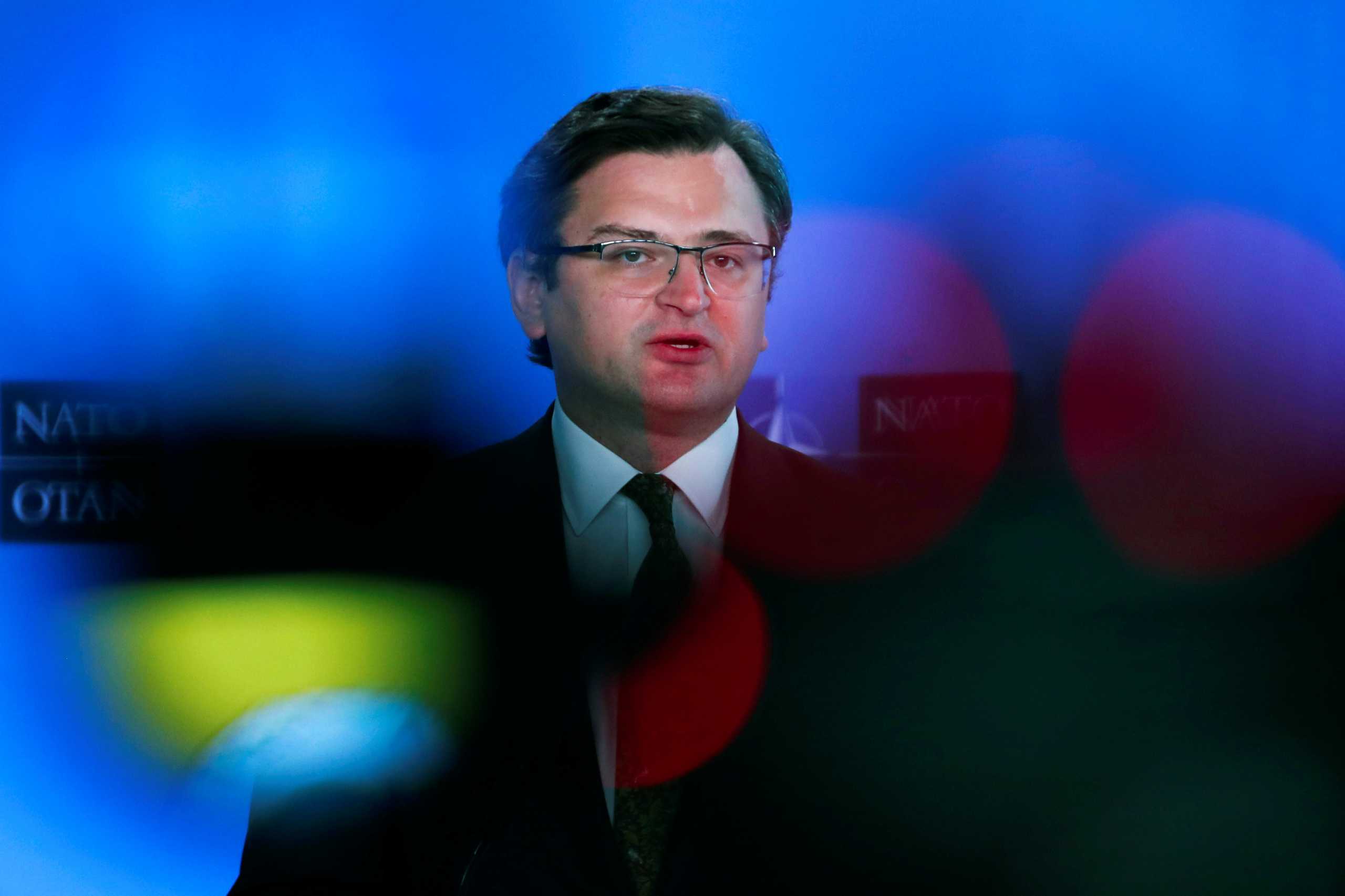 Ukrainian Foreign Minister Dmytro Kuleba speaks during a media conference at NATO headquarters in Brussels, Belgium, April 13, 2021. Francisco Seco