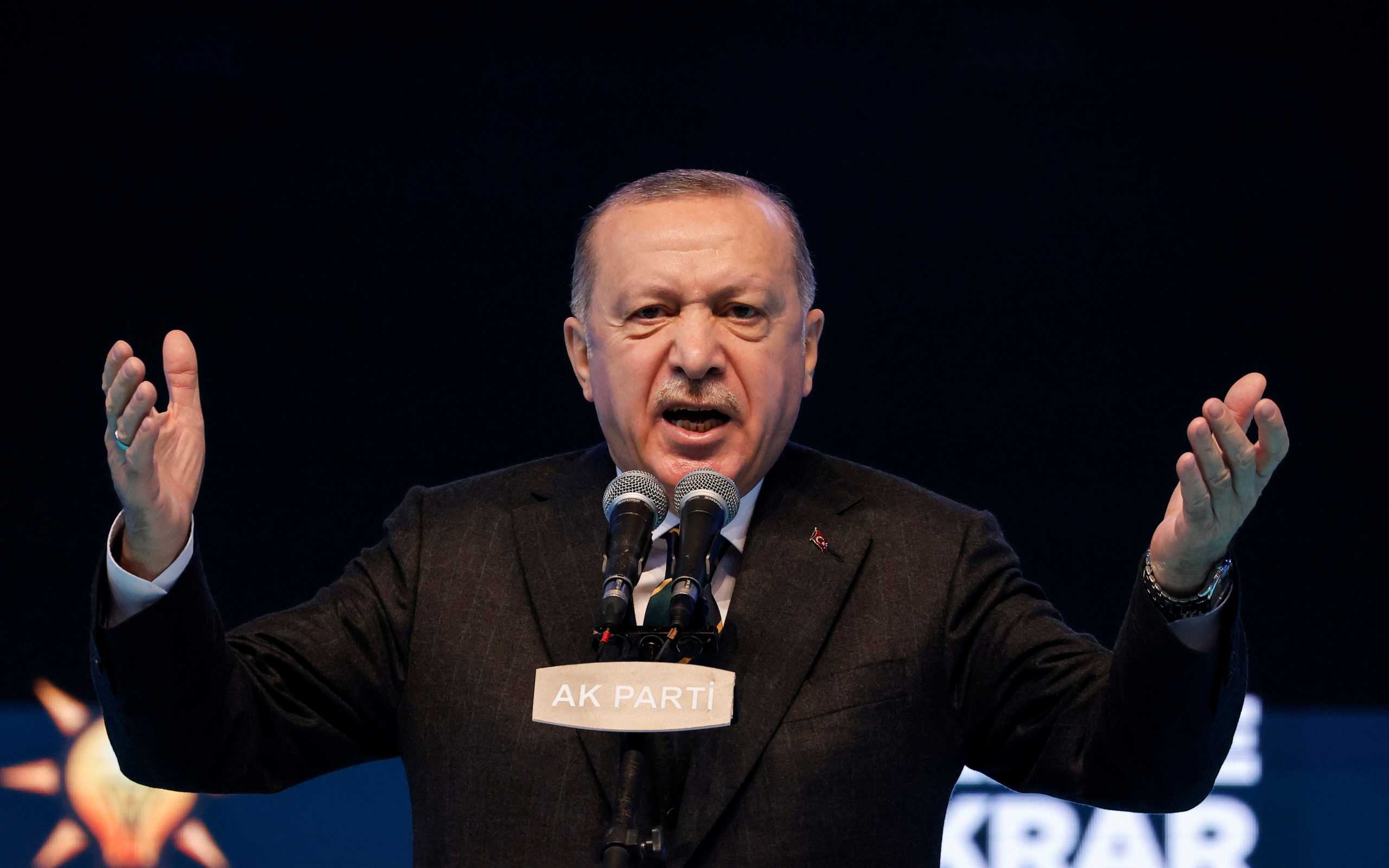 FILE PHOTO: Turkish President Tayyip Erdogan addresses his supporters during the Grand Congress of his ruling AK Party in Ankara, Turkey, March 24, 2021. REUTERS