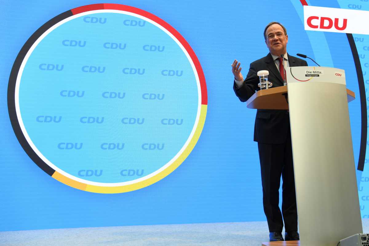 North Rhine-Westphalia's State Premier and head of Christian Democratic Union (CDU) party Armin Laschet gestures as he speaks during a news conference at the CDU headquarters, in Berlin, Germany April 26, 2021.  REUTERS