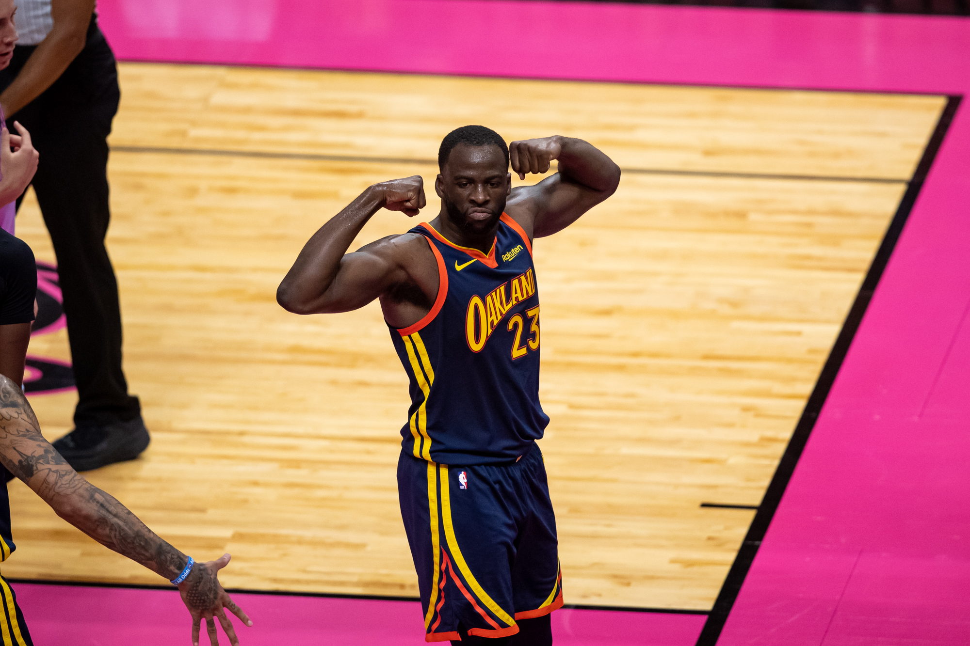 Apr 1, 2021; Miami, Florida, USA; Golden State Warriors forward Draymond Green (23) celebrates drawing the foul during the second quarter of a game at American Airlines Arena. Mandatory Credit: Mary Holt-USA TODAY Sports