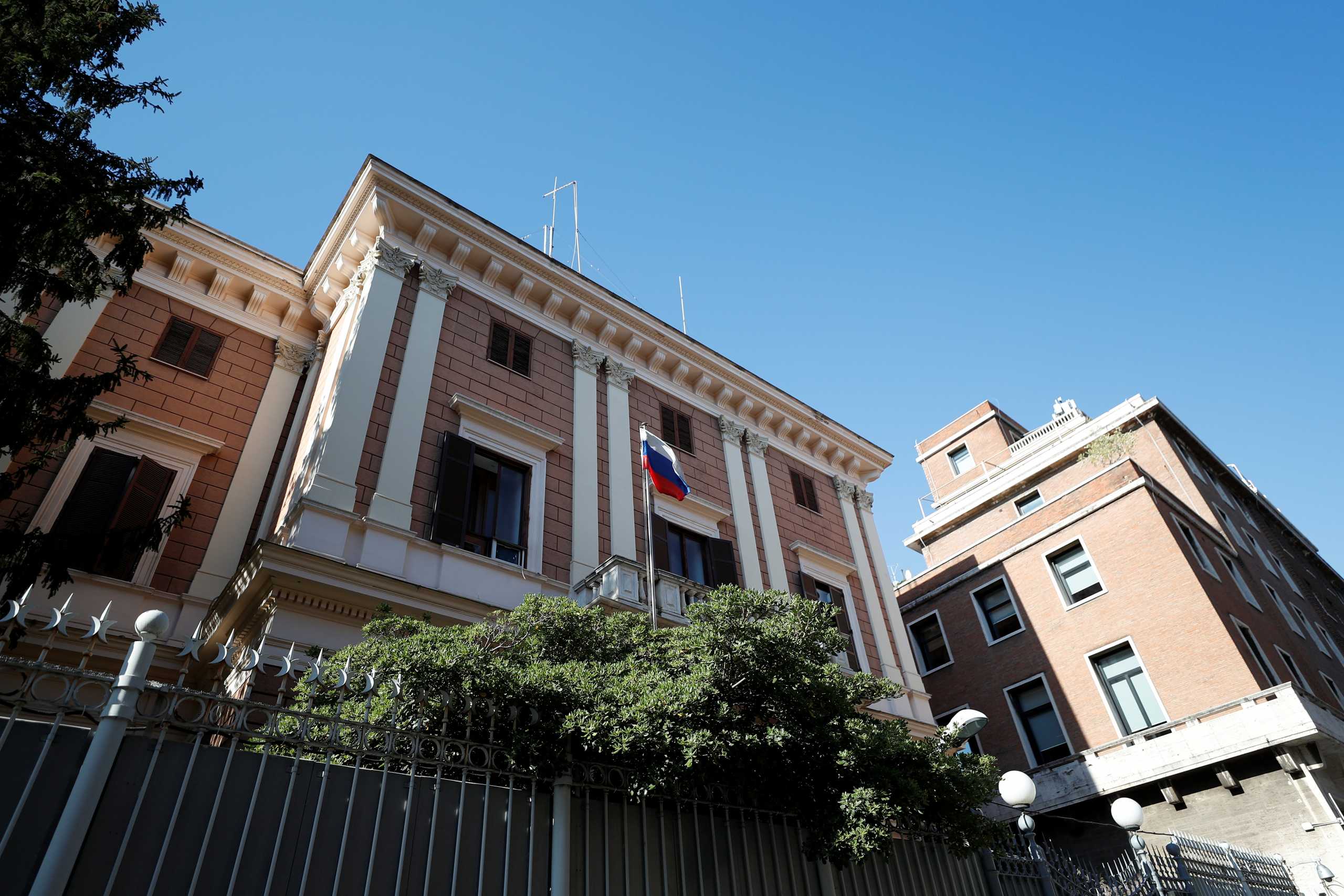 General view of the Russian Embassy after a Russian army official, who is accredited with the embassy, and an Italian navy captain were arrested on suspicion of spying, in Rome, Italy, March 31, 2021. REUTERS