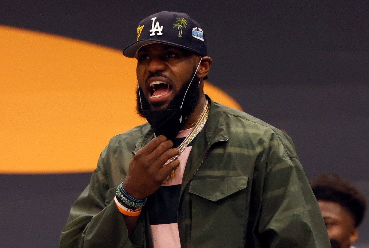 Apr 6, 2021; Tampa, Florida, USA; Los Angeles Lakers forward LeBron James (23) reacts from the bench against the Toronto Raptors during the first quarter at Amalie Arena. Mandatory Credit: Kim Klement-USA TODAY Sports