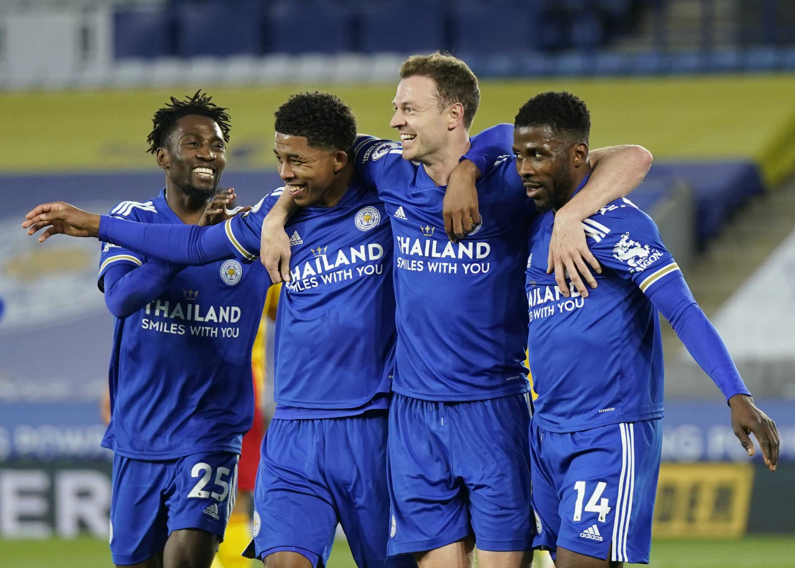 Soccer Football - Premier League - Leicester City v West Bromwich Albion - King Power Stadium, Leicester, Britain - April 22, 2021 Leicester City's Jonny Evans celebrates scoring their second goal with teammates Pool via REUTERS
