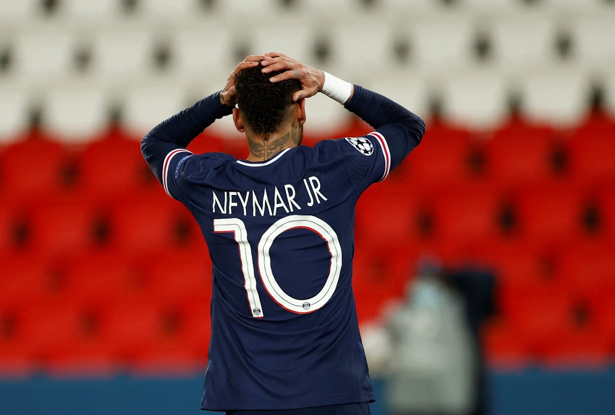 Soccer Football - Champions League - Quarter Final Second Leg - Paris St Germain v Bayern Munich - Parc des Princes, Paris, France - April 13, 2021 Paris St Germain's Neymar reacts REUTERS