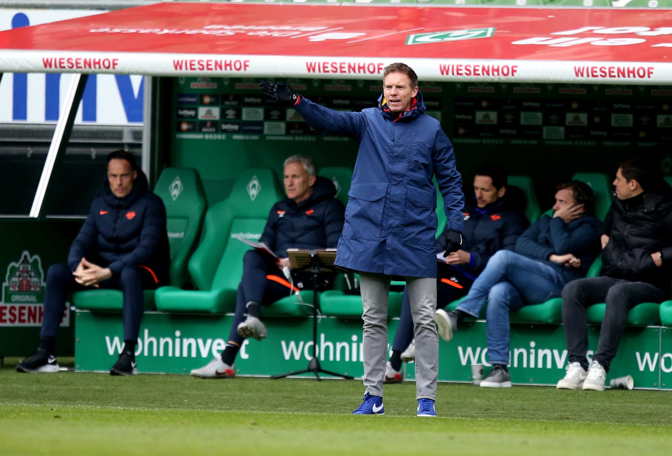 Soccer Football - Bundesliga - Werder Bremen v RB Leipzig - Weser-Stadion, Bremen, Germany - April 10, 2021 RB Leipzig coach Julian Nagelsmann Pool via REUTERS