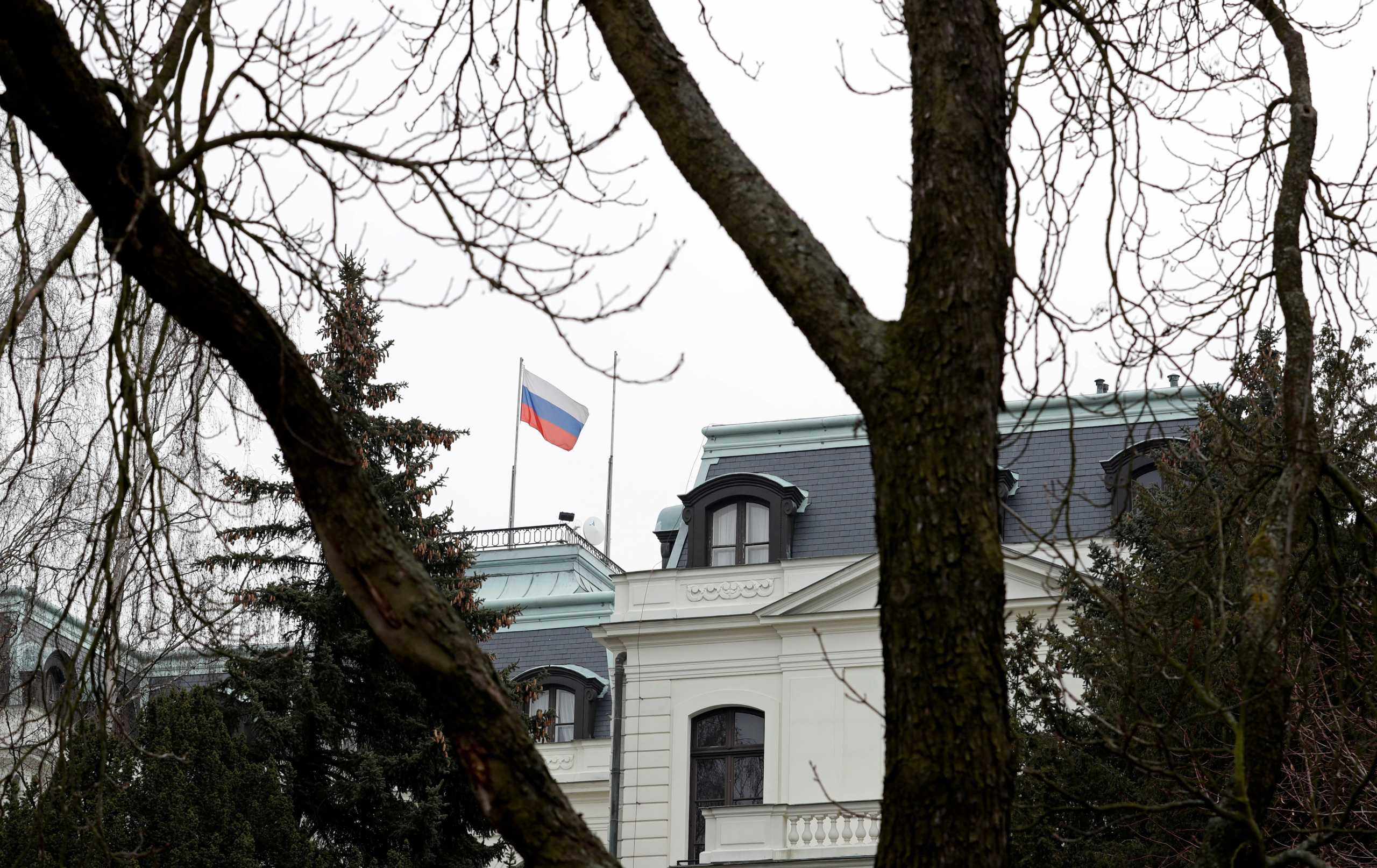 FILE PHOTO: A national flag of Russia flies on the Russian embassy in Prague, Czech Republic, March 26, 2018. REUTERS