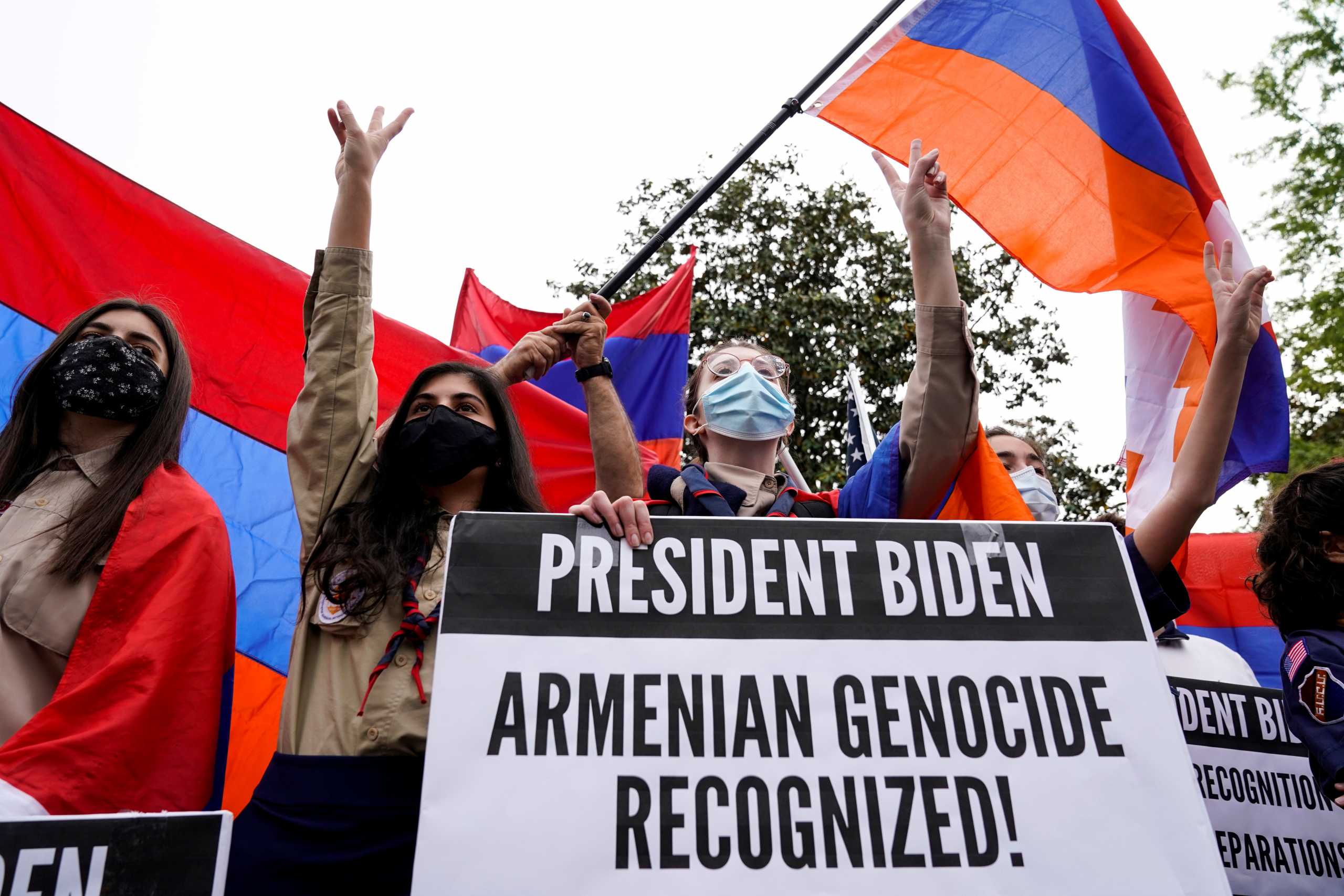 Members of the Armenian diaspora rally in front of the Turkish Embassy after U.S. President Joe Biden recognized that the 1915 massacres of Armenians in the Ottoman Empire constituted genocide in Washington, U.S., April 24, 2021.      REUTERS