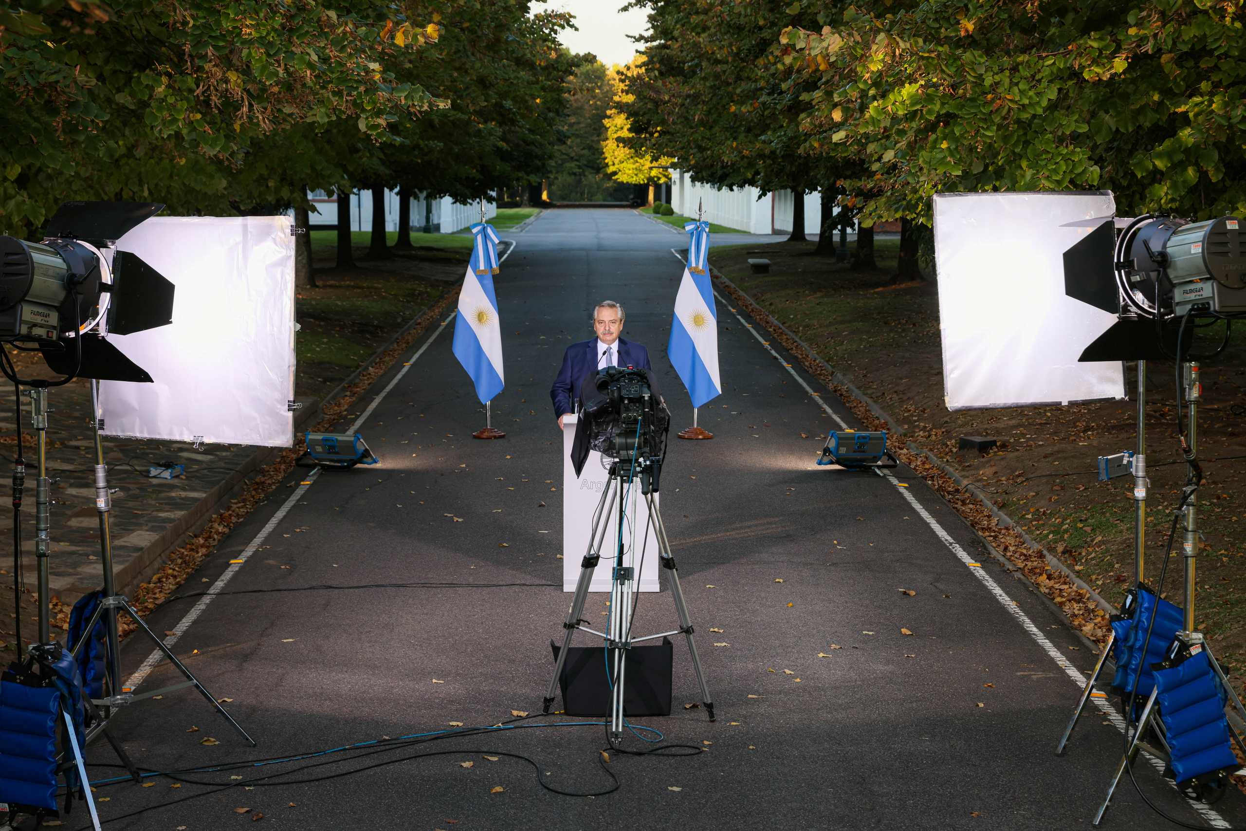 Argentina's President Alberto Fernandez announces new restrictions due to a rise in coronavirus disease (COVID-19) cases, at the Olivos Presidential residence, on the outskirts of Buenos Aires, Argentina April 7, 2021. Esteban Collazo