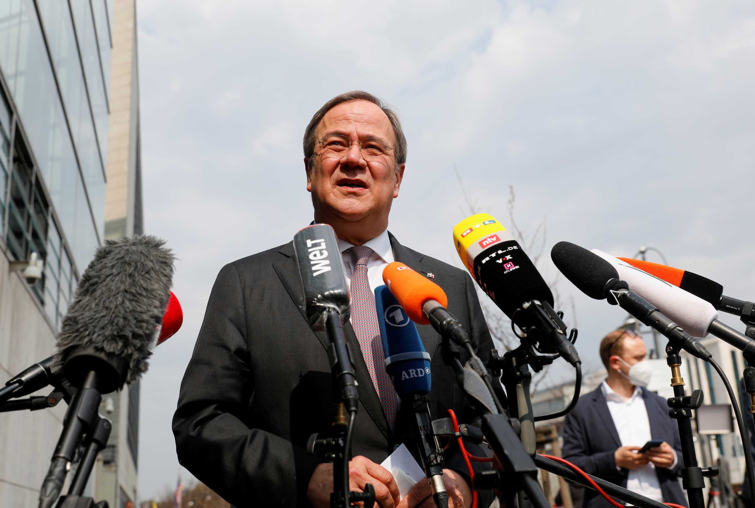 FILE PHOTO: North Rhine-Westphalia's State Premier and head of Germany's conservative Christian Democratic Union (CDU) party Armin Laschet speaks to journalists after meetings at the CDU headquarters in Berlin, Germany, April 19, 2021. REUTERS