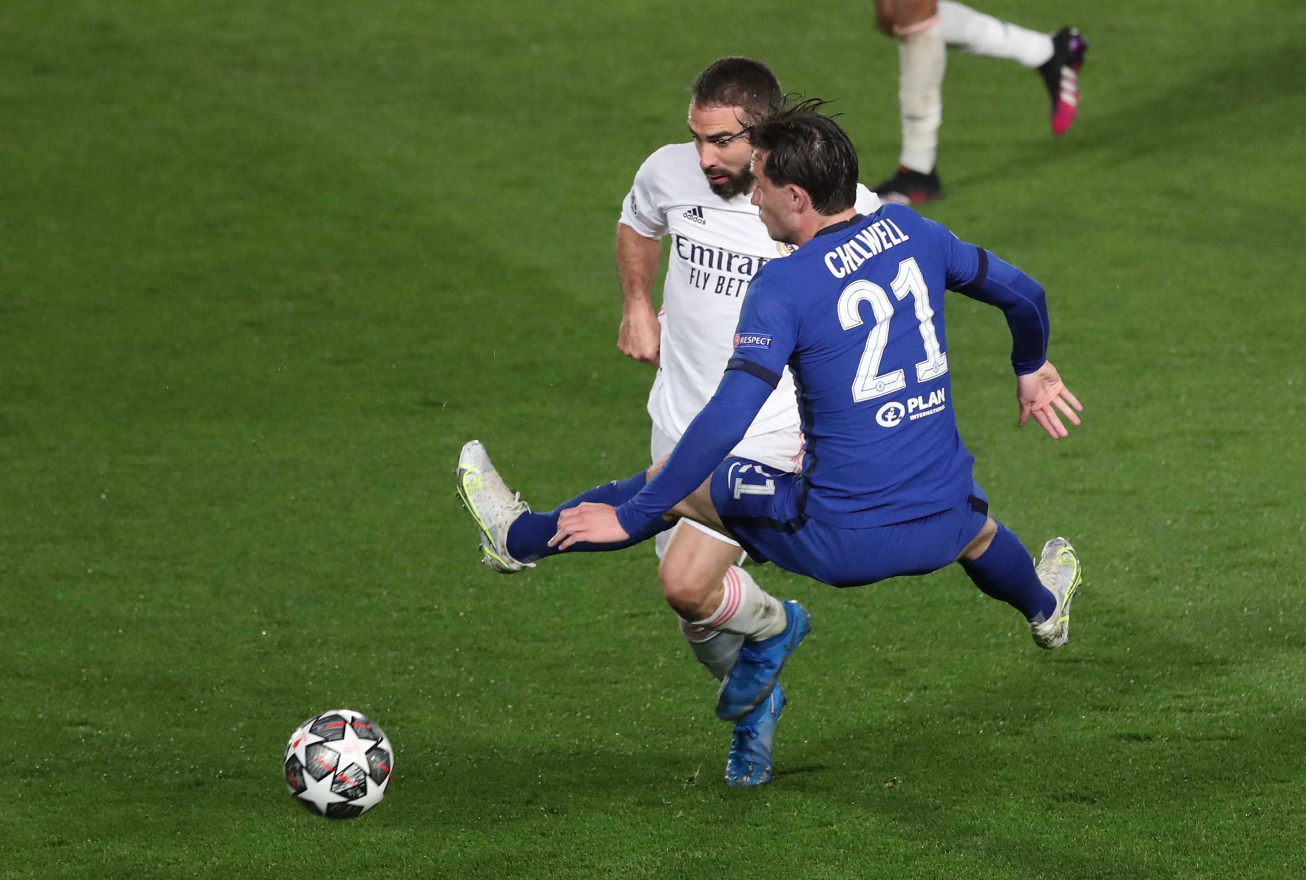 Soccer Football - Champions League - Semi Final First Leg - Real Madrid v Chelsea - Estadio Alfredo Di Stefano, Madrid, Spain - April 27, 2021 Real Madrid's Dani Carvajal in action with Chelsea's Ben Chilwell REUTERS