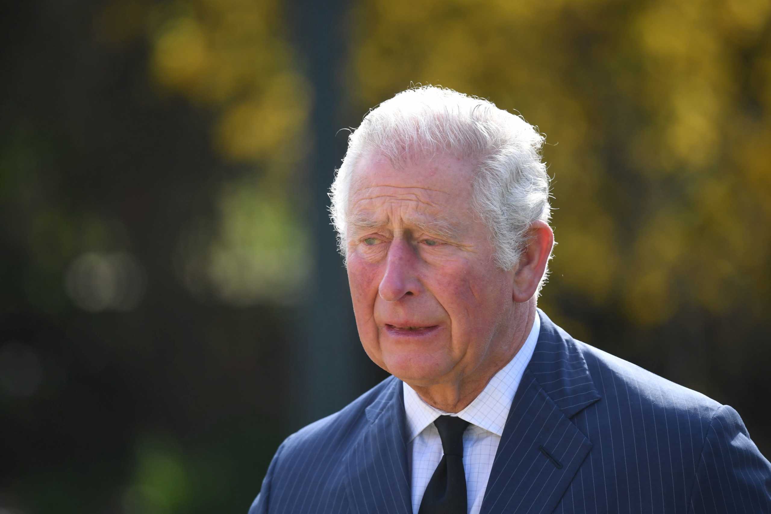 Britain's Prince Charles visits the gardens of Marlborough House to view the flowers and messages left by members of the public outside Buckingham Palace following the death of Britain's Prince Philip, in London, Britain April 15, 2021. Jeremy Selwyn