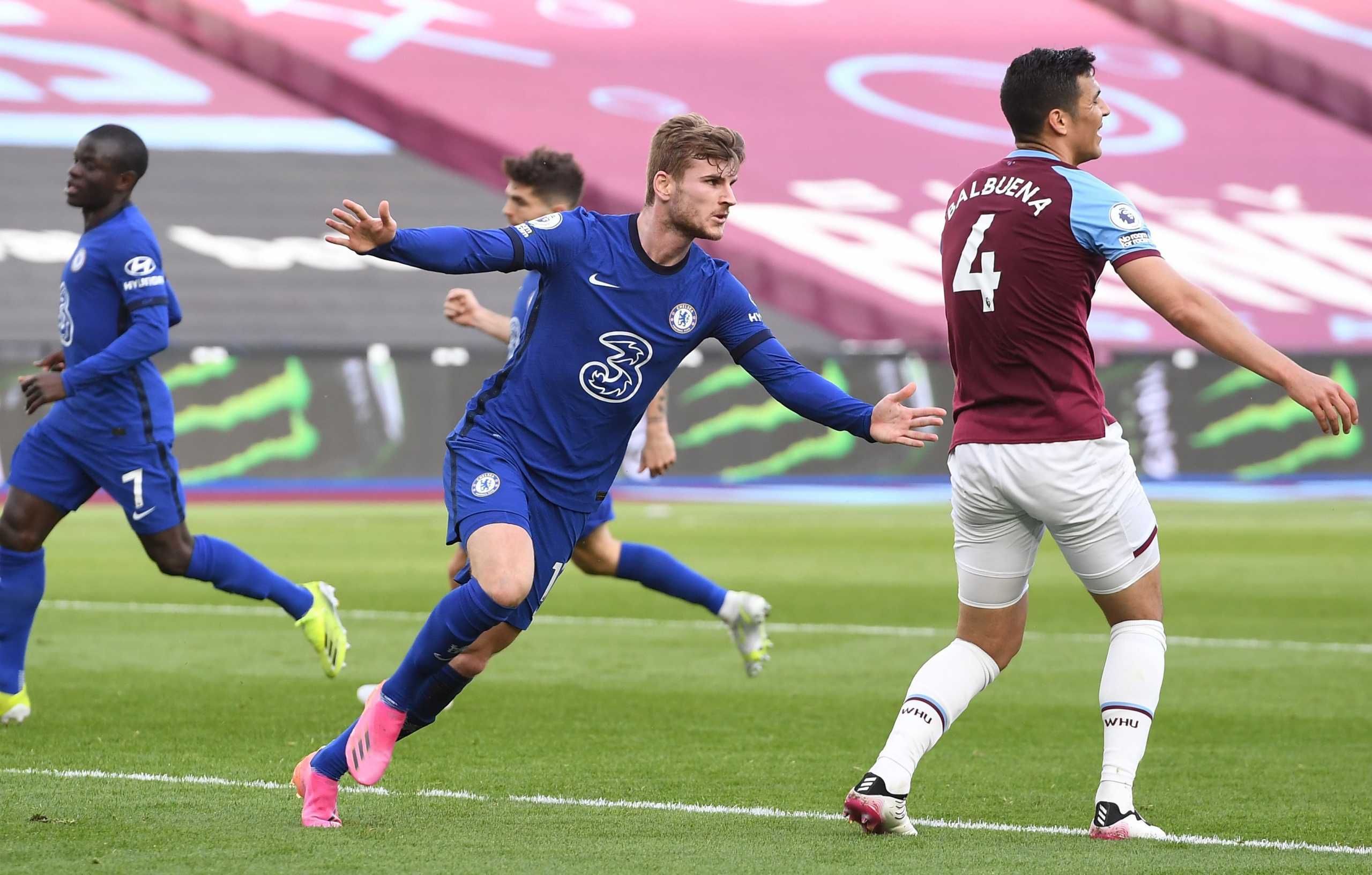 Soccer Football - Premier League - West Ham United v Chelsea - London Stadium, London, Britain - April 24, 2021 Chelsea's Timo Werner celebrates scoring their first goal Pool via REUTERS