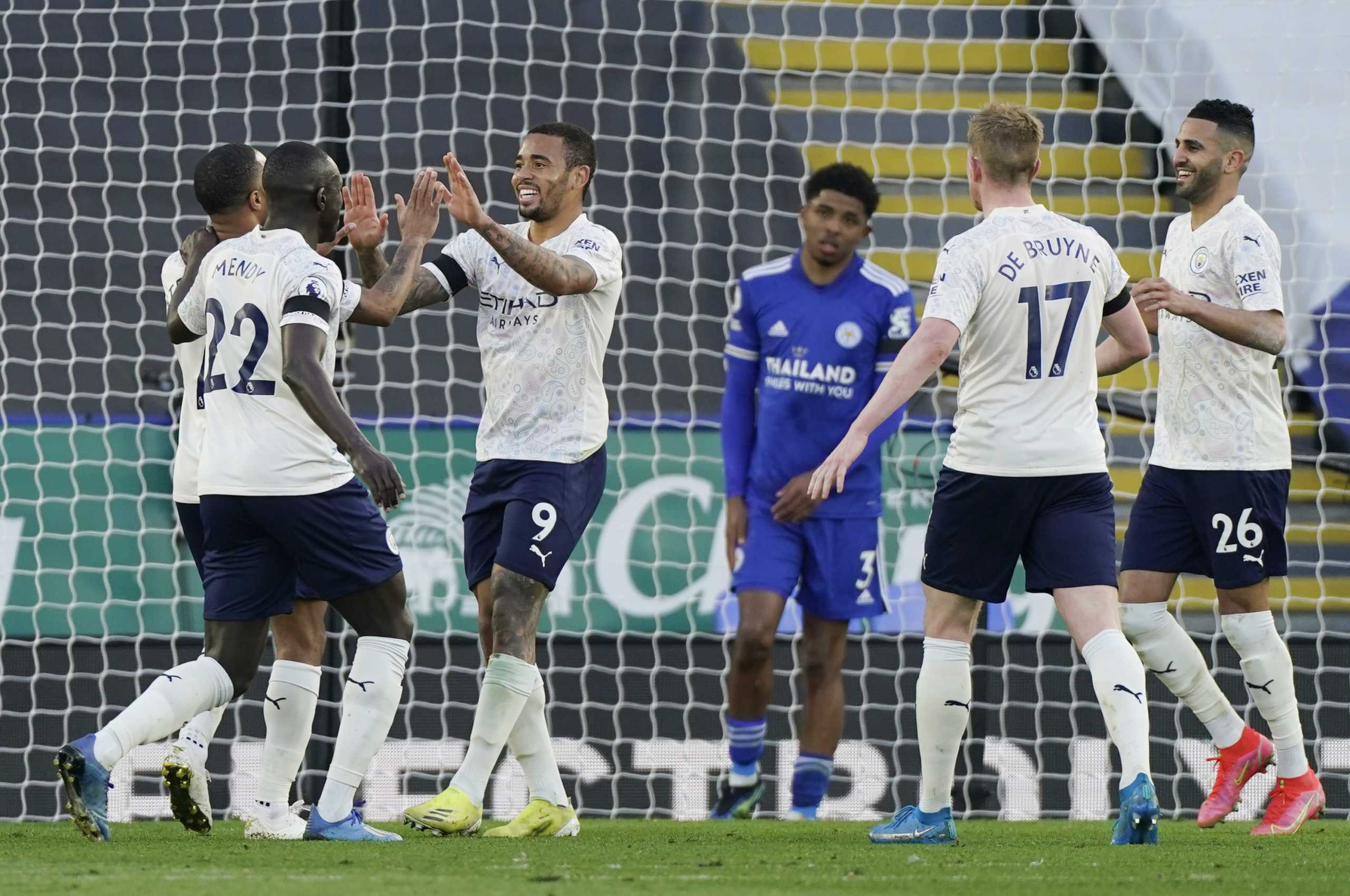 Soccer Football - Premier League - Leicester City v Manchester City - King Power Stadium, Leicester, Britain - April 3, 2021 Manchester City's Gabriel Jesus celebrates scoring their second goal with teammates Pool via REUTERS