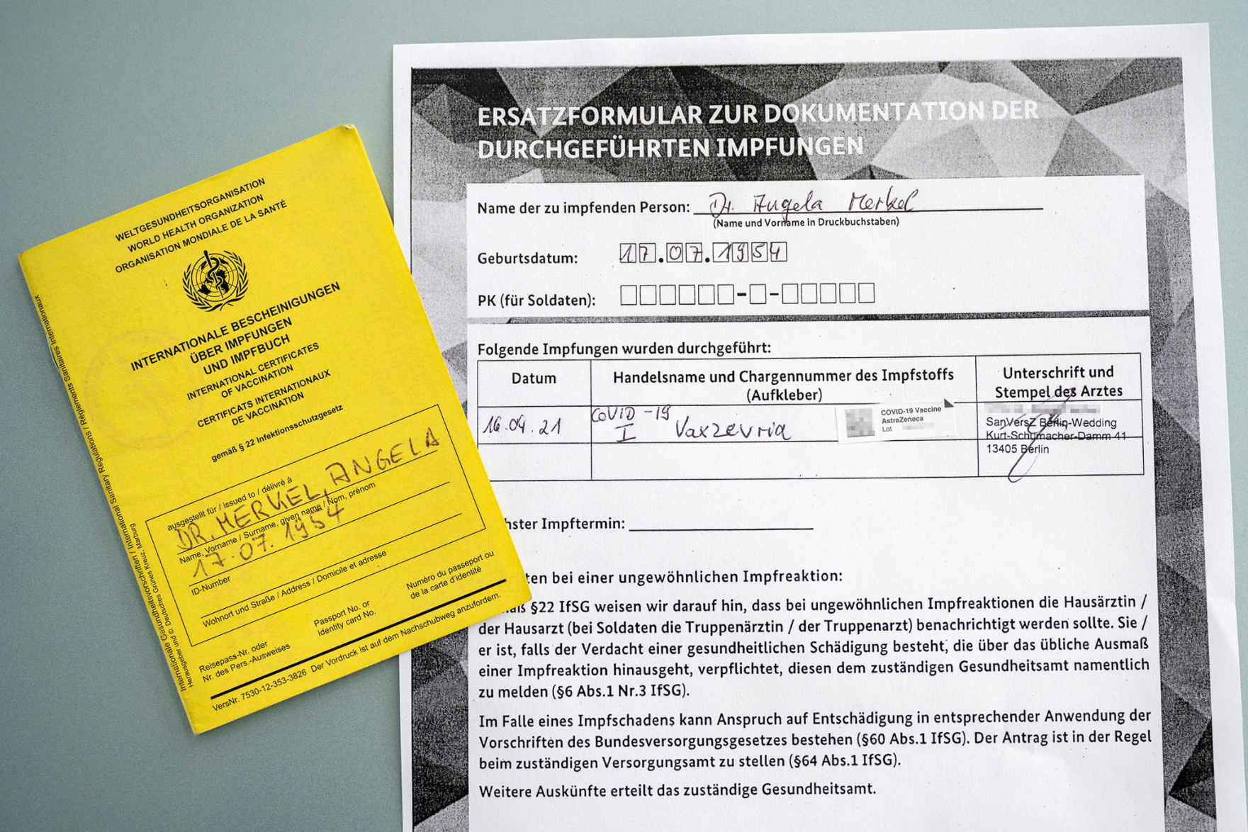 A screenshot from the Twitter account of Government spokesman Steffen Seibert shows vaccination documents for German Chancellor Angela Merkel, who has been vaccinated against the coronavirus disease with AstraZeneca's COVID-19 vaccine, in Berlin, Germany, April 16, 2021. Steffen Seibert