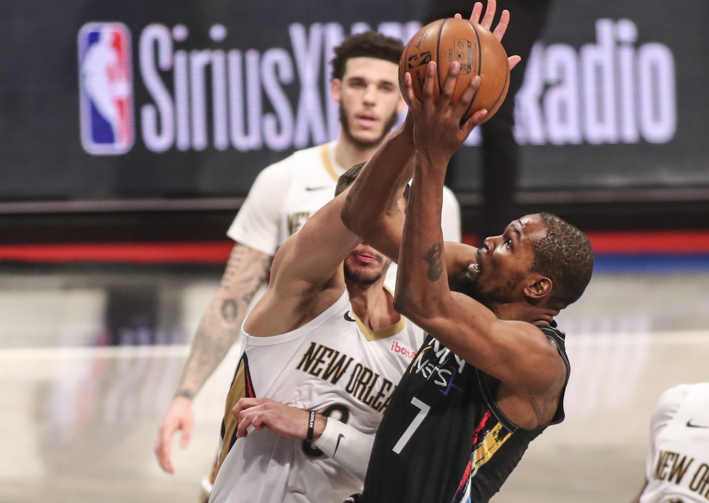 Apr 7, 2021; Brooklyn, New York, USA;  Brooklyn Nets forward Kevin Durant (7) drives to the basket in the second quarter against the New Orleans Pelicans at Barclays Center. Mandatory Credit: Wendell Cruz-USA TODAY Sports