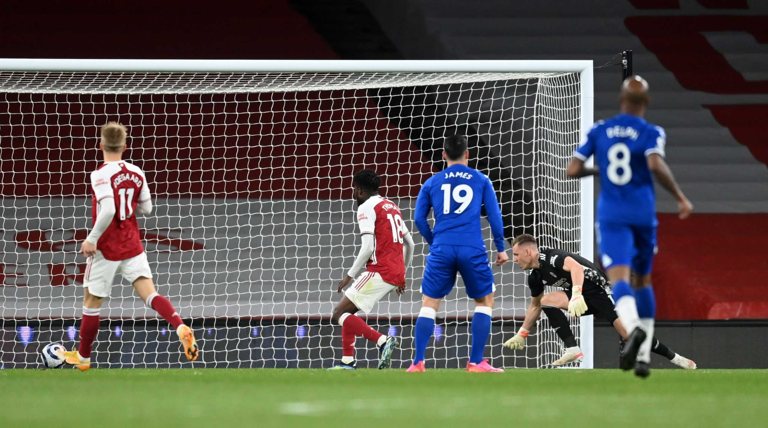 Soccer Football - Premier League - Arsenal v Everton - Emirates Stadium, London, Britain - April 23, 2021 Arsenal's Bernd Leno scores an own goal and Everton's first goal Pool via REUTERS