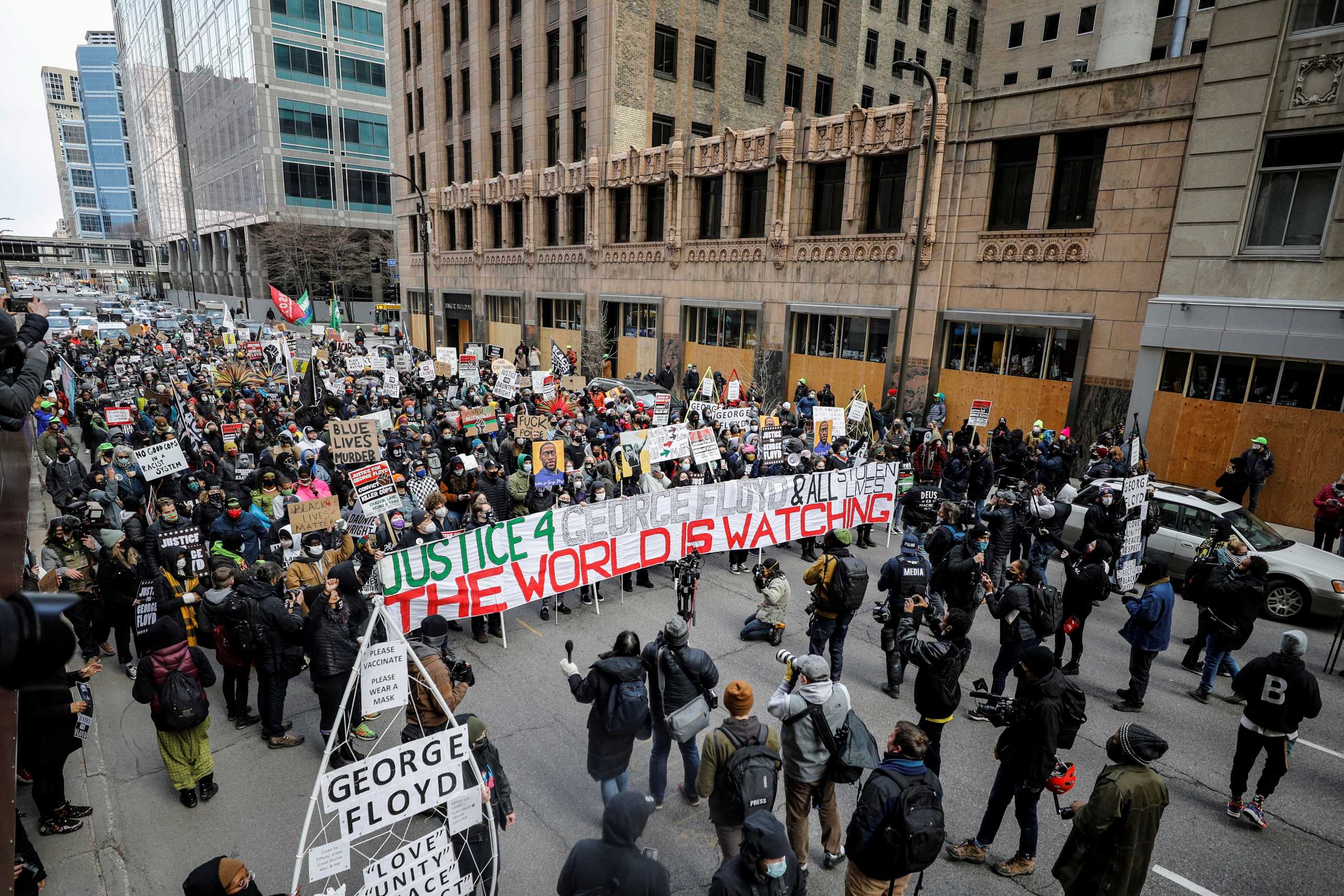 SENSITIVE MATERIAL. THIS IMAGE MAY OFFEND OR DISTURB    Demonstrators march through downtown after the closing statements in the trial of former police officer Derek Chauvin, who is facing murder charges in the death of George Floyd, in Minneapolis, Minnesota, U.S., April 19, 2021. REUTERS