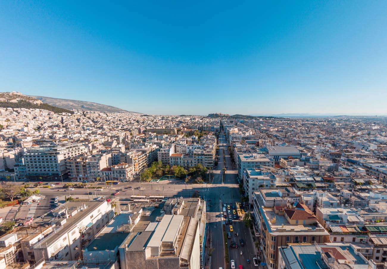 aerial panoramic photo of downtown Athens, Greece at Patision, Alexandras avenue, Pedion Areos park
