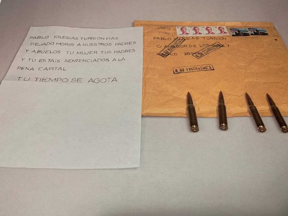 A dead threat letter and bullets received by Spanish left-wing Unidas Podemos party leader Pablo Iglesias are seen in this photograph released by Unidas Podemos in Madrid, Spain April 23, 2021. Unidas Podemos