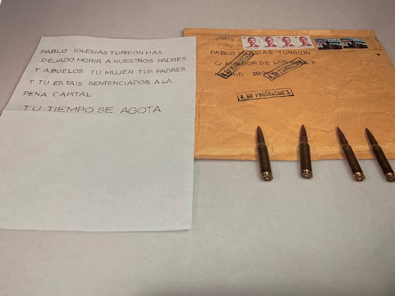 A dead threat letter and bullets received by Spanish left-wing Unidas Podemos party leader Pablo Iglesias are seen in this photograph released by Unidas Podemos in Madrid, Spain April 23, 2021. Unidas Podemos