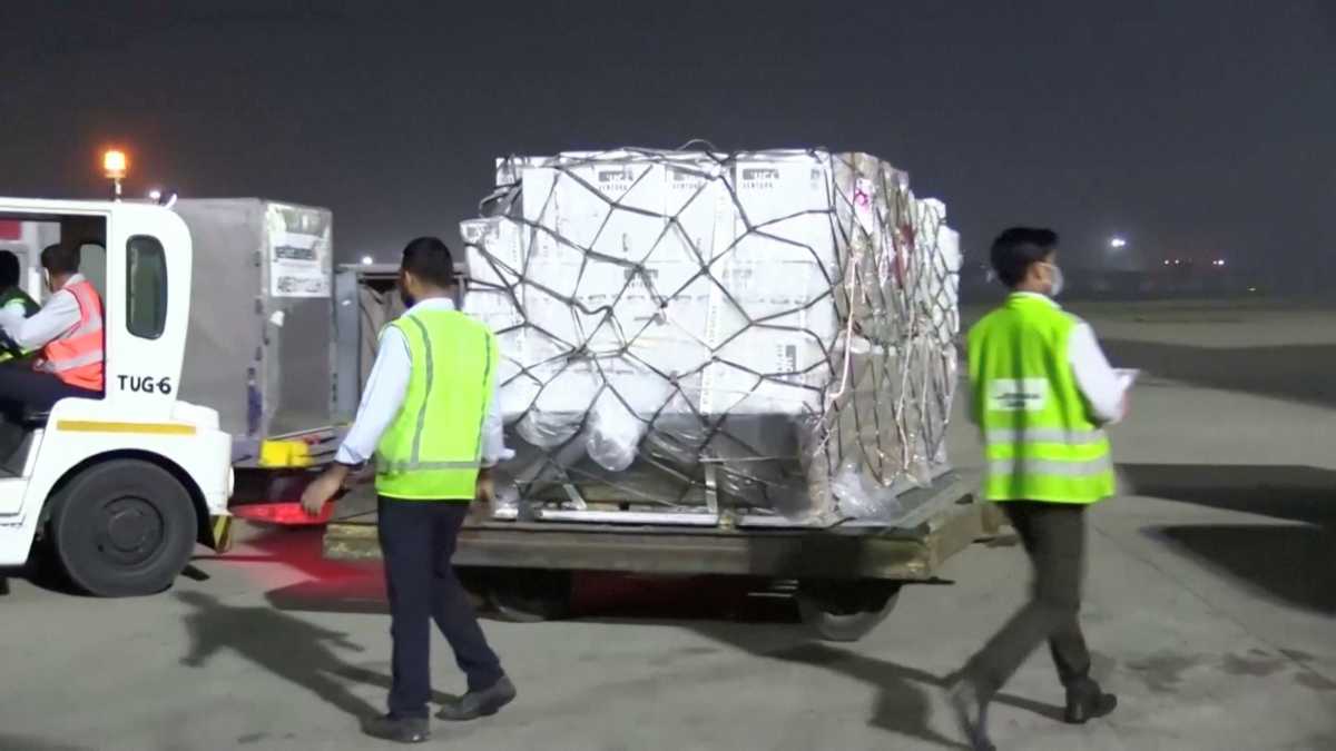 A shipment of vital medical supplies from the United Kingdom arrives in New Delhi, India April 27, 2021 in this still image taken from a video. ANI