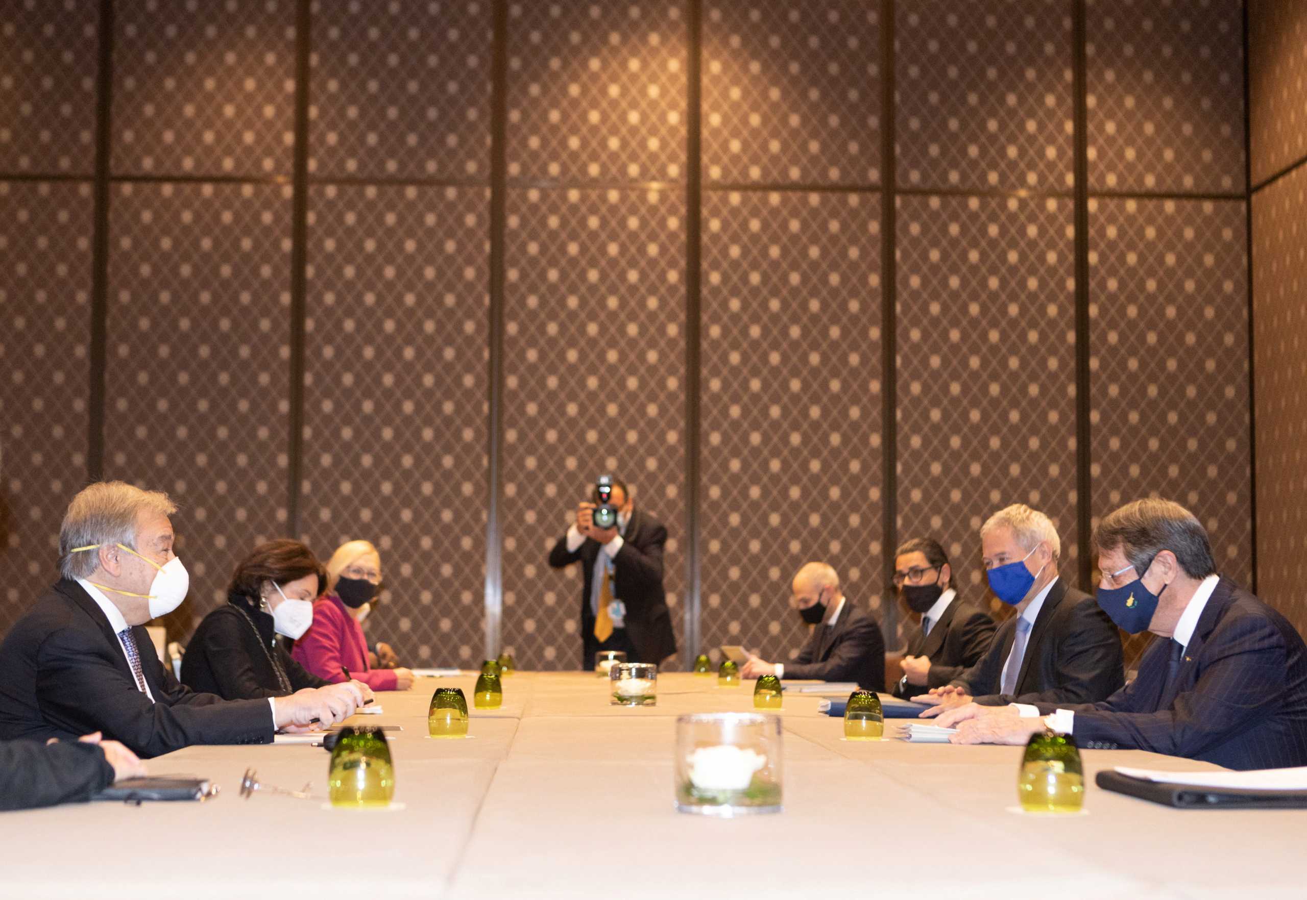 United Nations Secretary-General Antonio Guterres and Cypriot President Nicos Anastasiades talk during a meeting in Geneva, Switzeland April 27, 2021.Stavros Ioannides