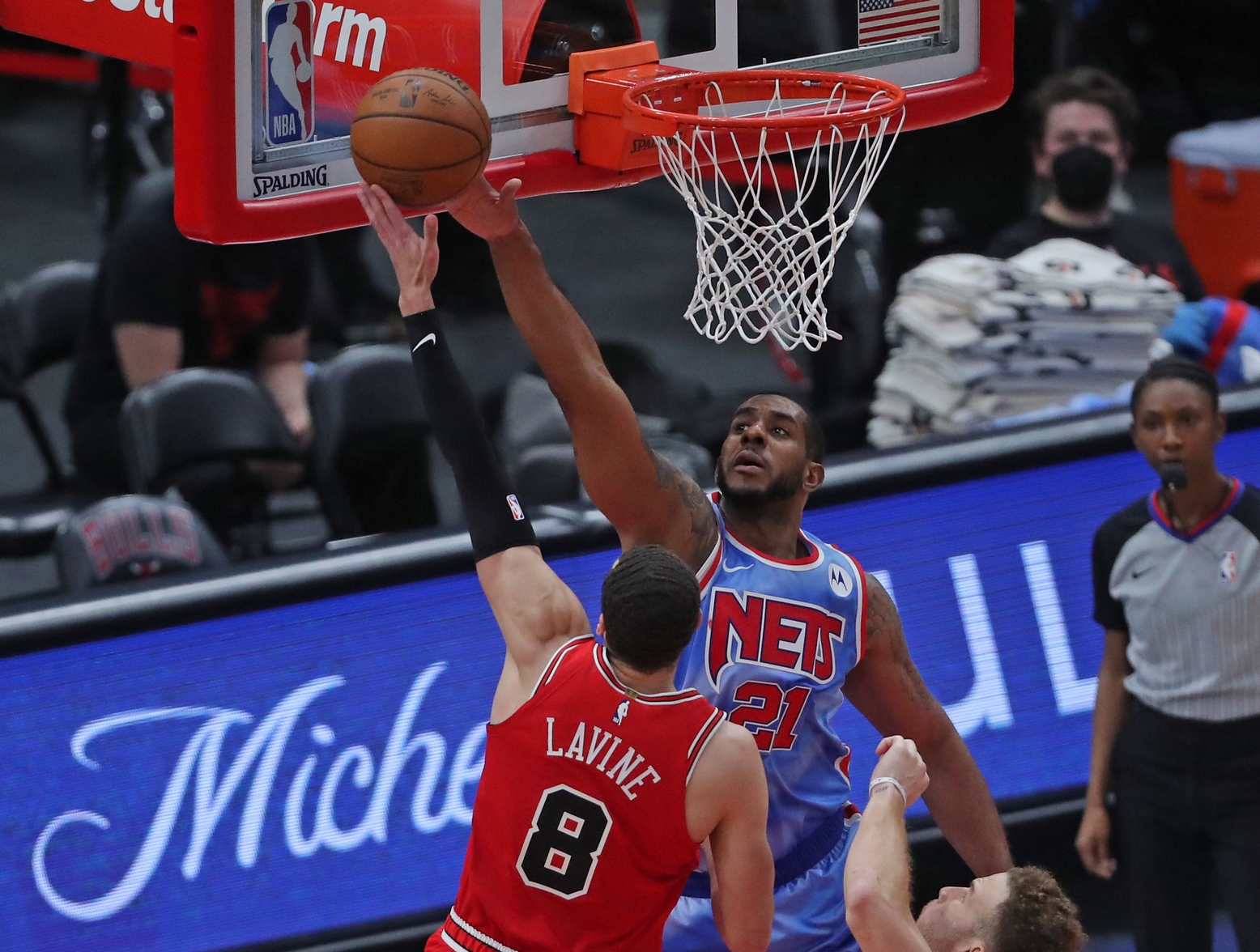 Apr 4, 2021; Chicago, Illinois, USA; Brooklyn Nets center LaMarcus Aldridge (21) blocks the shot of Chicago Bulls guard Zach LaVine (8) during the third quarter at the United Center. Mandatory Credit: Dennis Wierzbicki-USA TODAY Sports