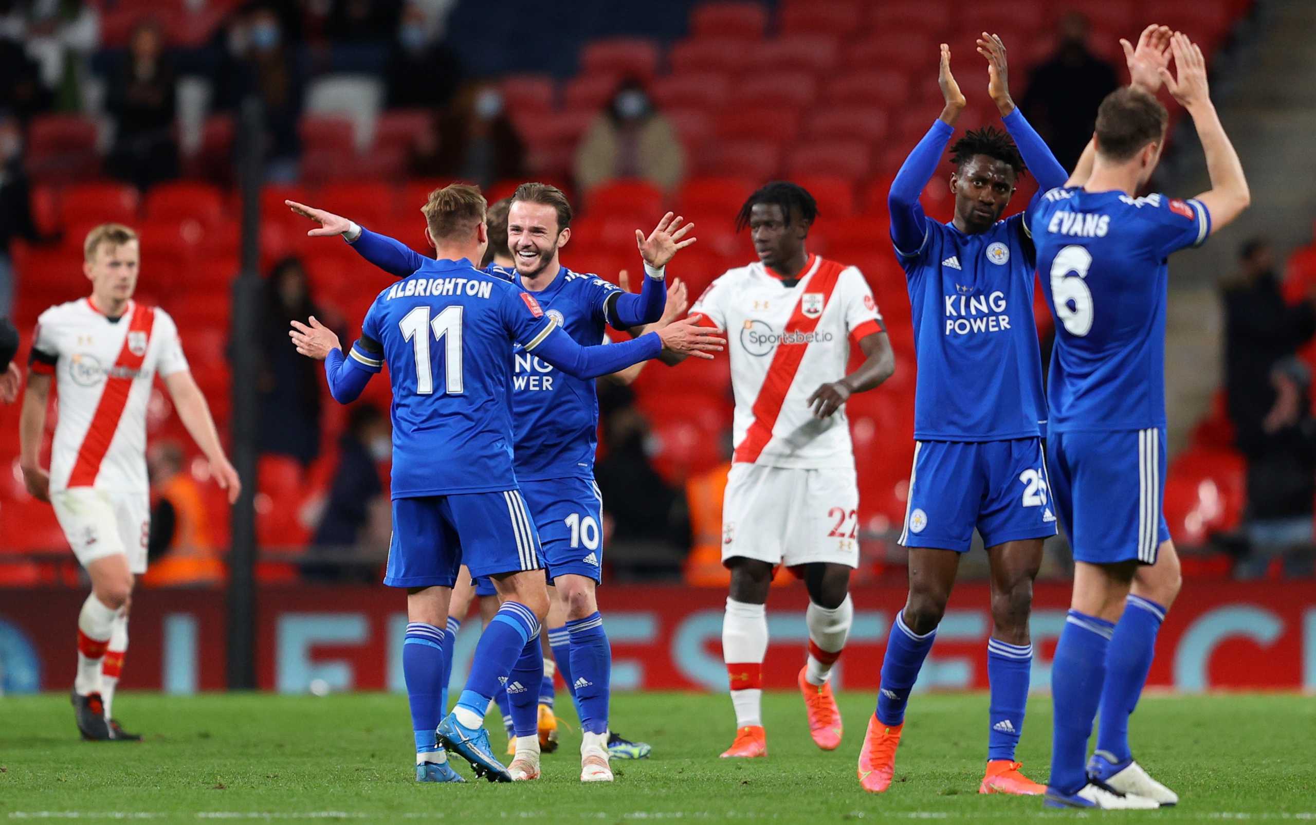 Soccer Football -  FA Cup Semi Final - Leicester City v Southampton  - Wembley Stadium, London, Britain - April 18, 2021 Leicester City's James Maddison and Marc Albrighton celebrate after the match Pool via REUTERS