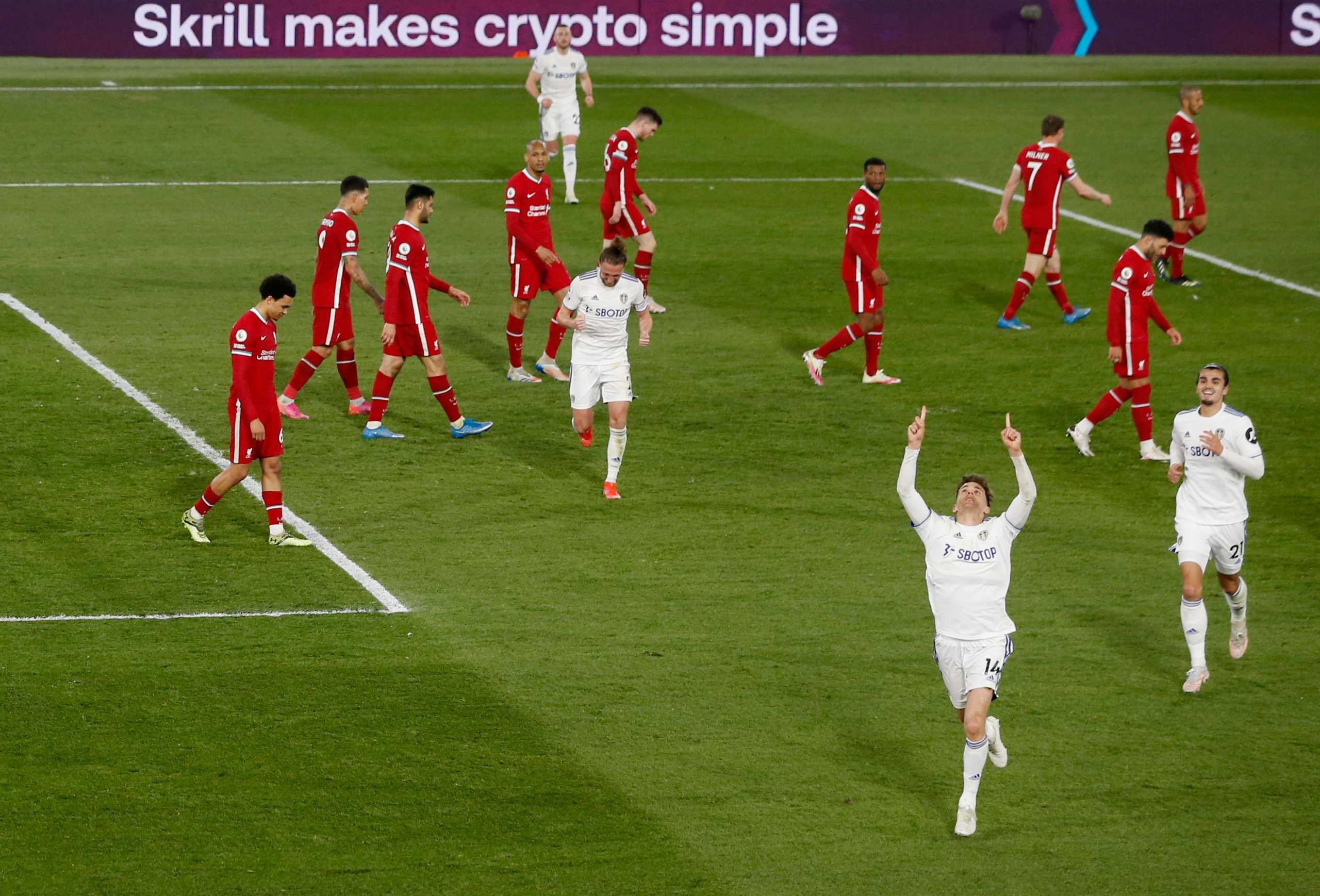 Soccer Football - Premier League - Leeds United v Liverpool - Elland Road, Leeds, Britain - April 19, 2021 Leeds United's Diego Llorente celebrates scoring their first goal Pool via REUTERS