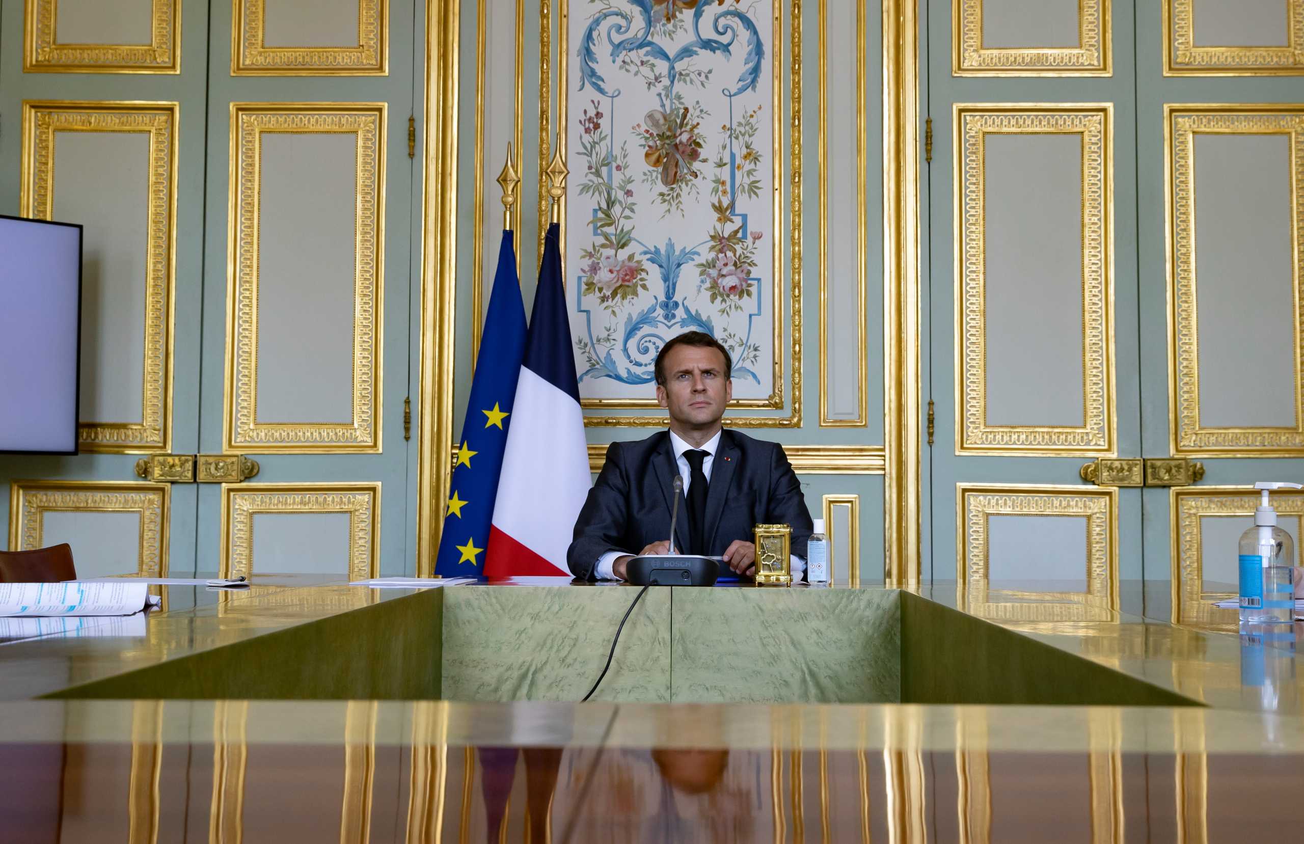 French President Macron attends Climate Summit video conference, at the Elysee Palace in Paris, France, 22 April 2021.  Ian Langsdon