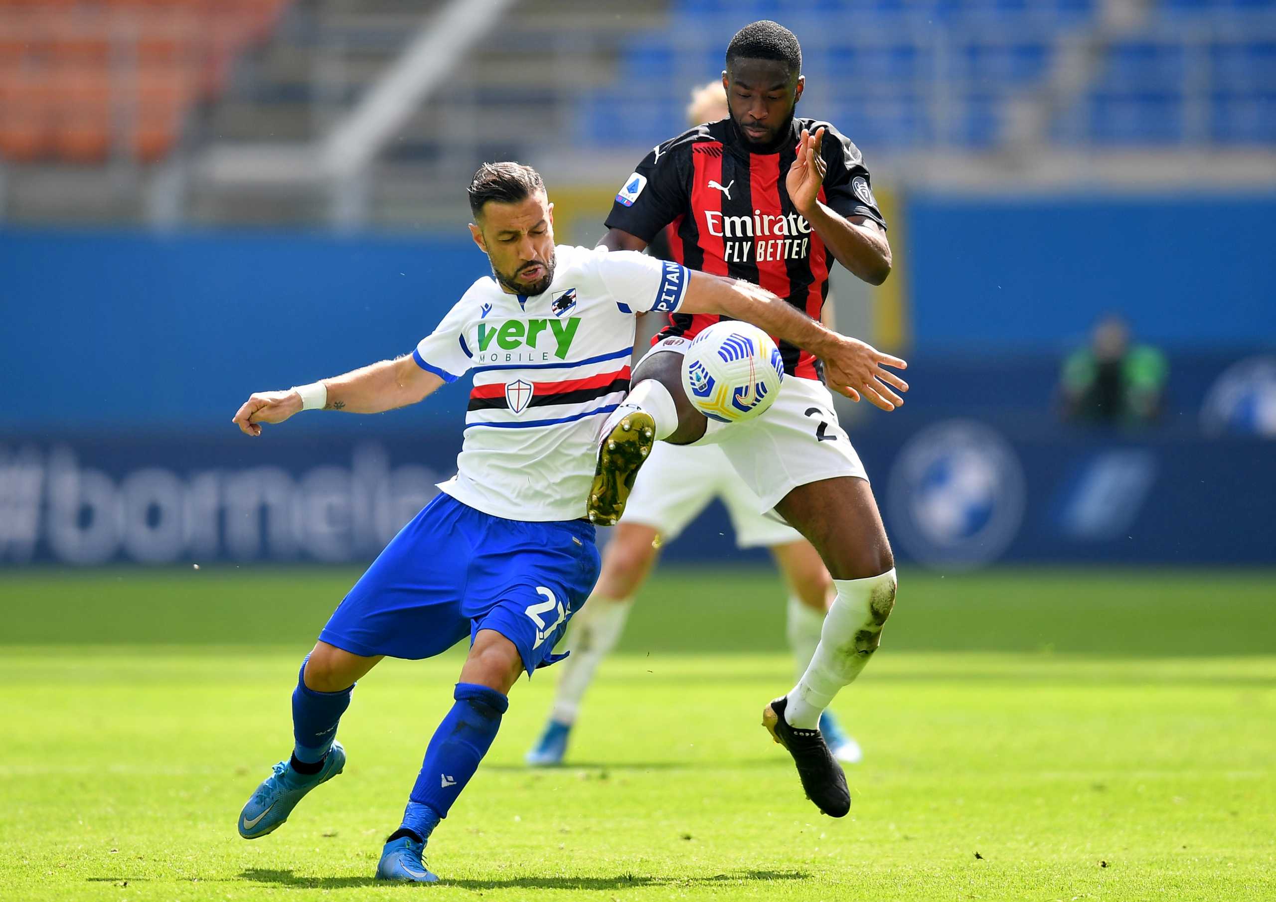 Soccer Football - Serie A - AC Milan v Sampdoria - San Siro, Milan, Italy - April 3, 2021 Sampdoria's Fabio Quagliarella in action with AC Milan's Fikayo Tomori REUTERS
