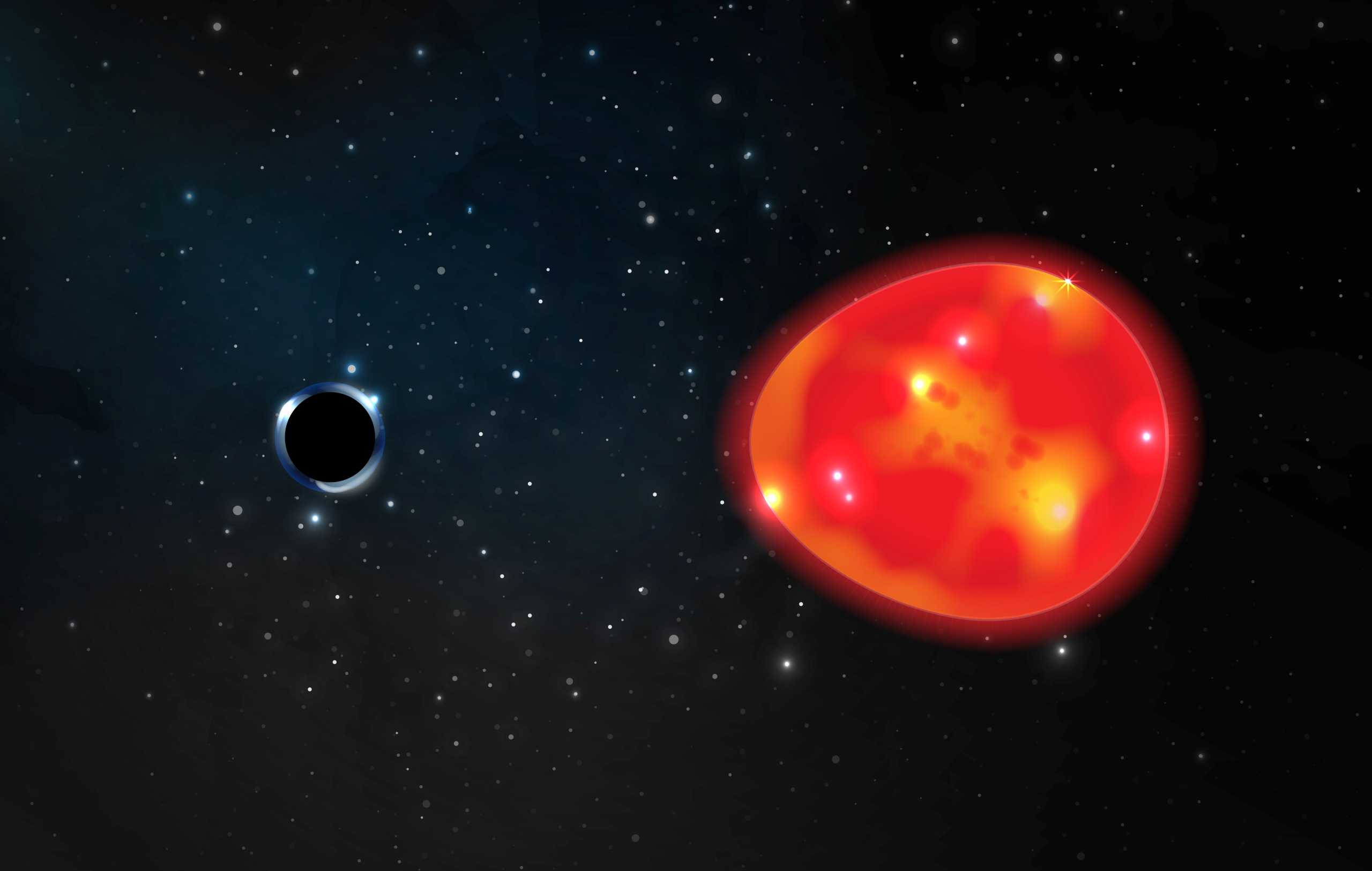A black hole located approximately 1,500 light years from our solar system, discovered in the constellation Monoceros, pulls at a nearby red giant star, distorting its light in an undated illustration.  Ohio State illustration
